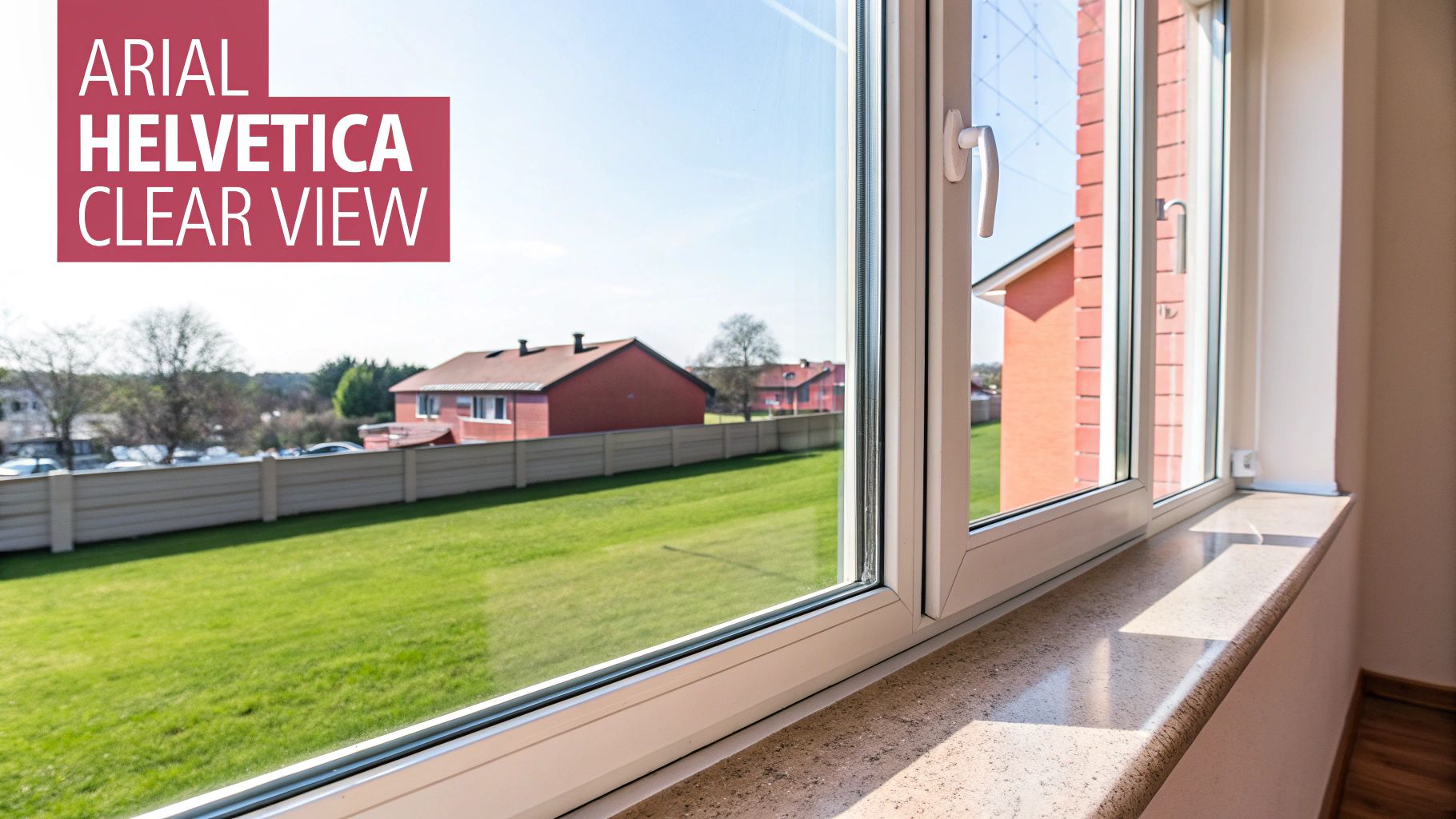 A clear view from a window showing a green lawn, suburban houses, and blue sky.