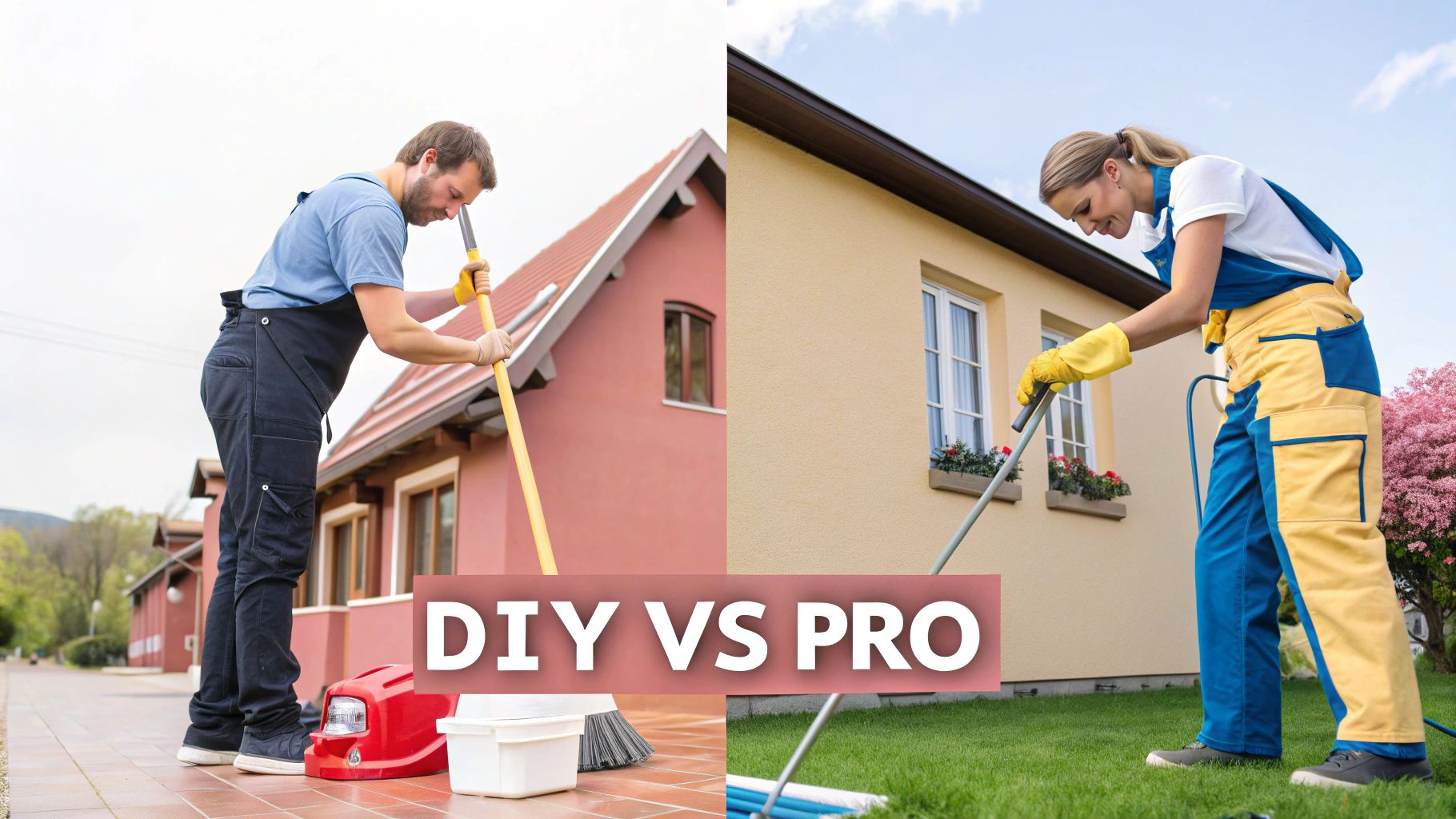 Two people, a man and a woman, performing house cleaning tasks, representing DIY vs. professional services.