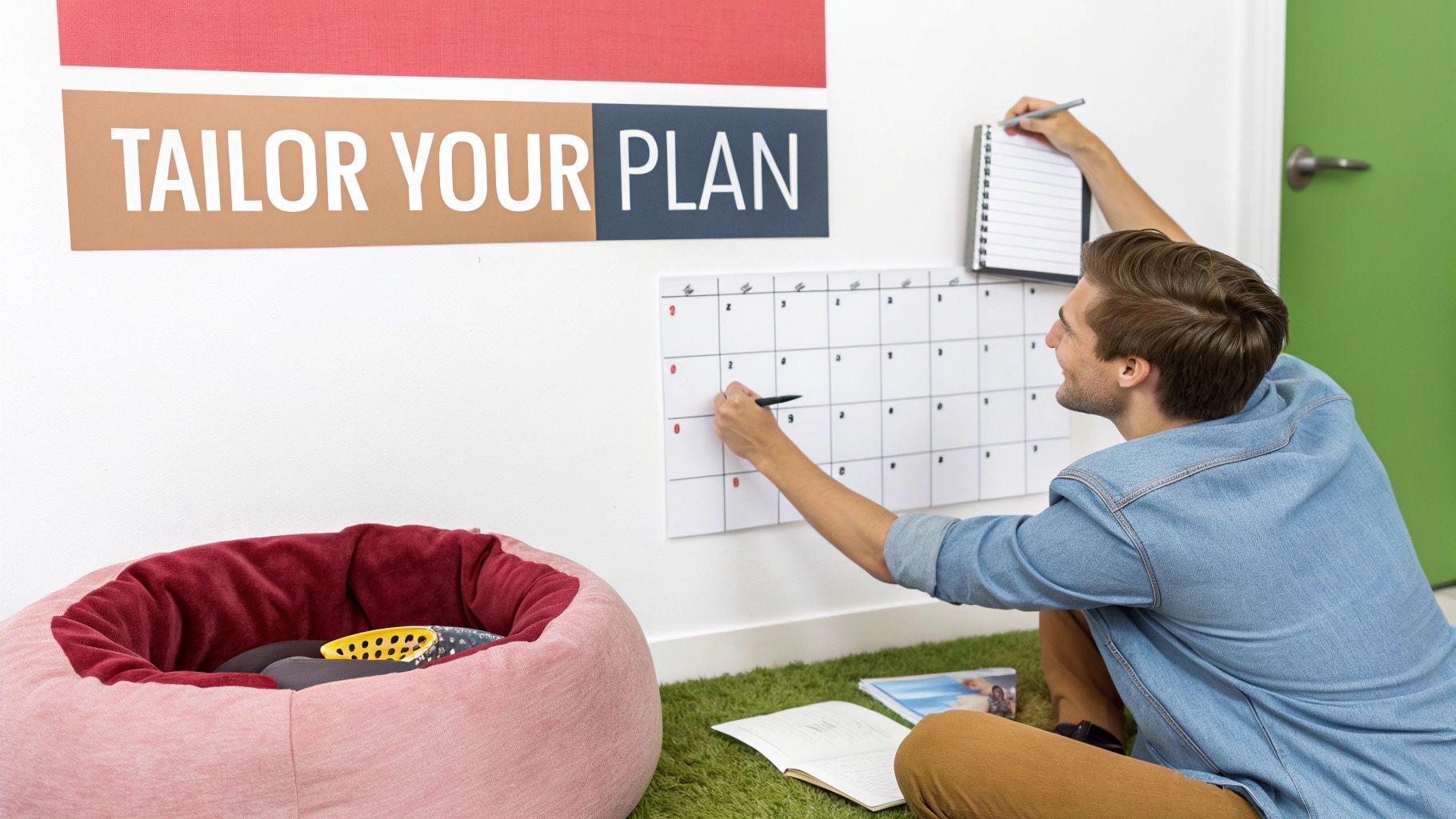 Man actively writing on a large wall calendar, organizing his schedule next to a bean bag.