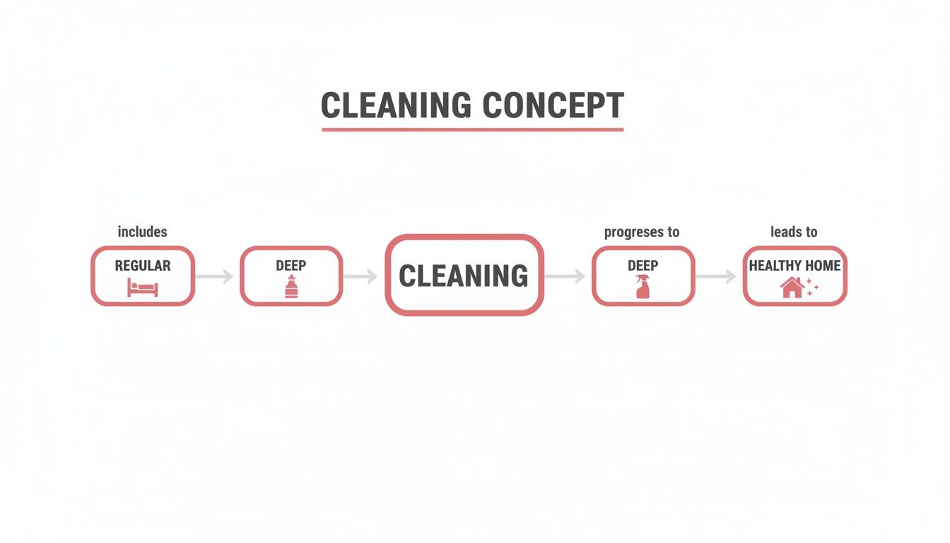 Flowchart illustrating the cleaning concept, showing regular and deep cleaning leading to a healthy home.