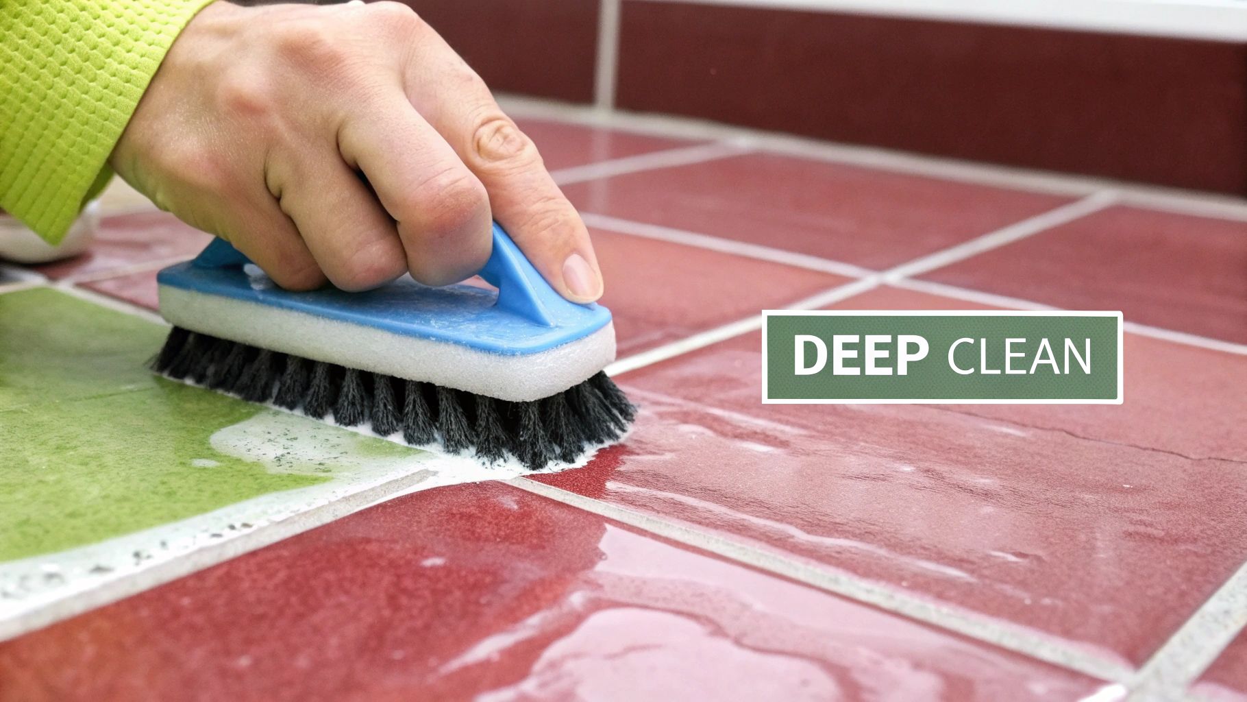 A hand wearing a green sleeve scrubs dirty green and red ceramic tiles with a blue brush, creating foam.