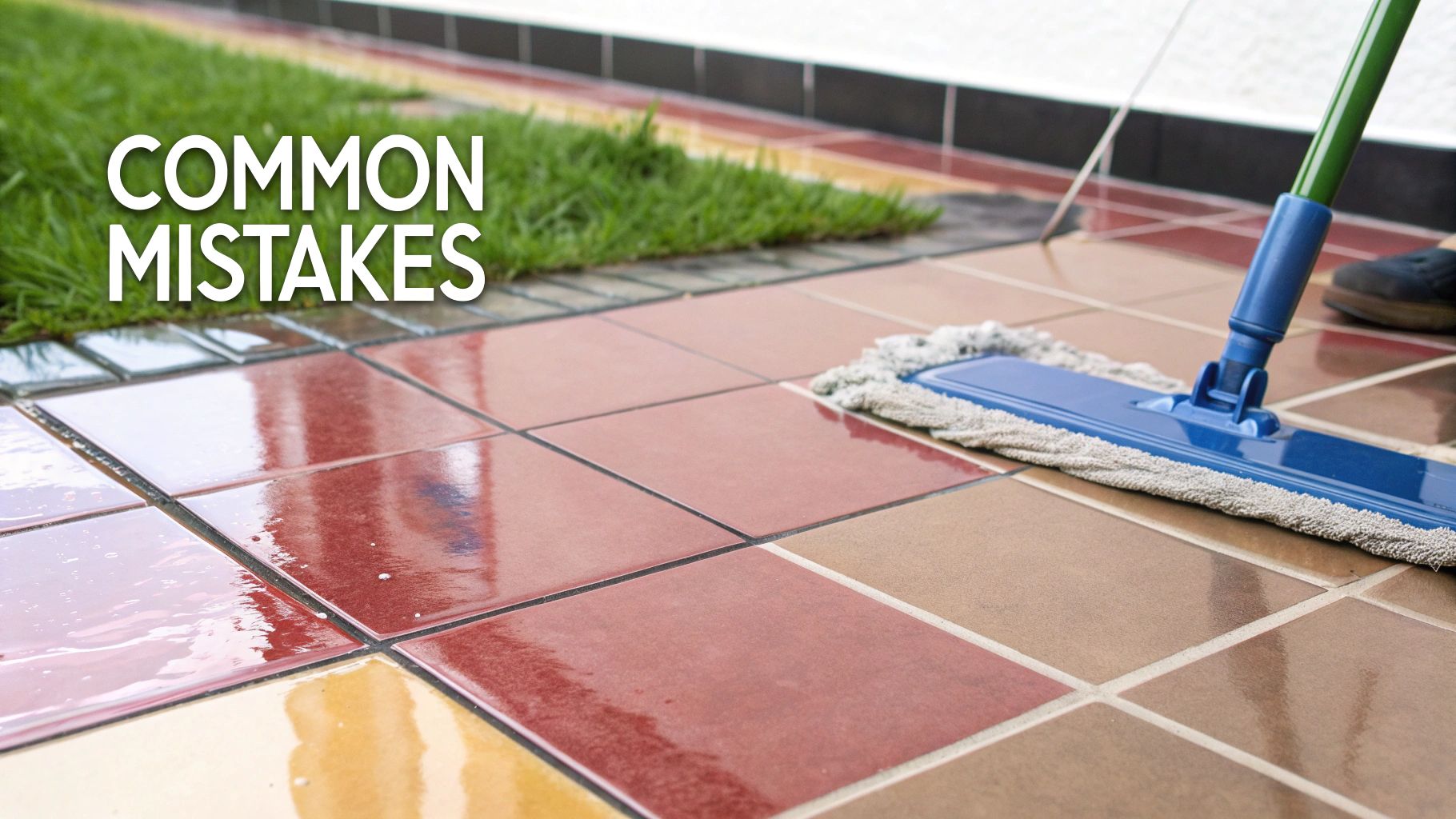 A person mops red and brown ceramic tiles outdoors next to green grass, with text 'COMMON MISTAKES'.