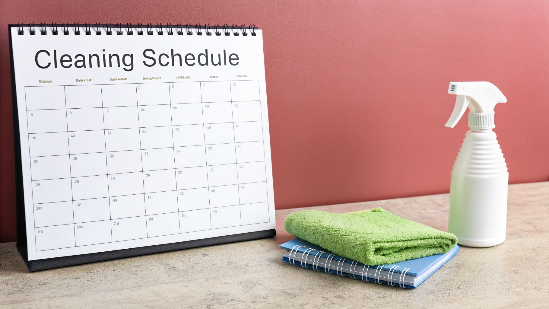 A cleaning schedule calendar, spray bottle, green towel, and notebooks for home organization.