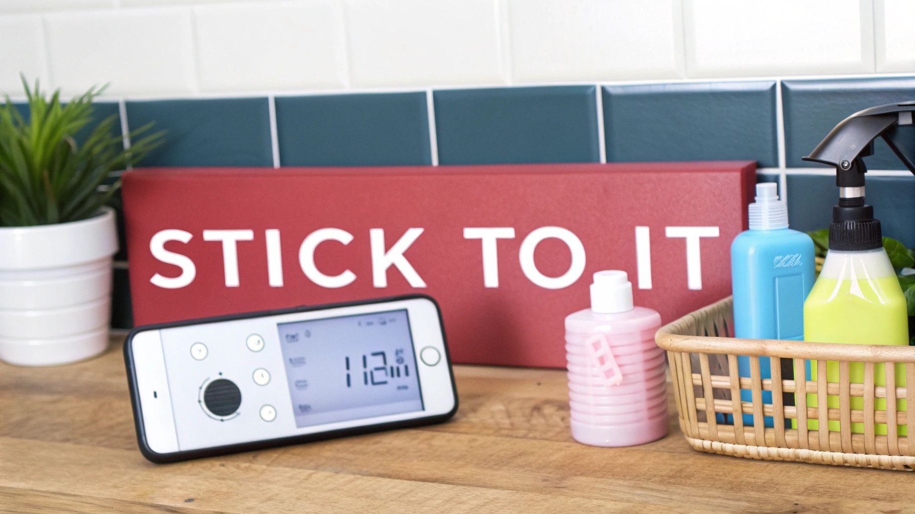 Close-up of a counter with a 'STICK TO IT' sign, digital device, plant, and cleaning bottles.