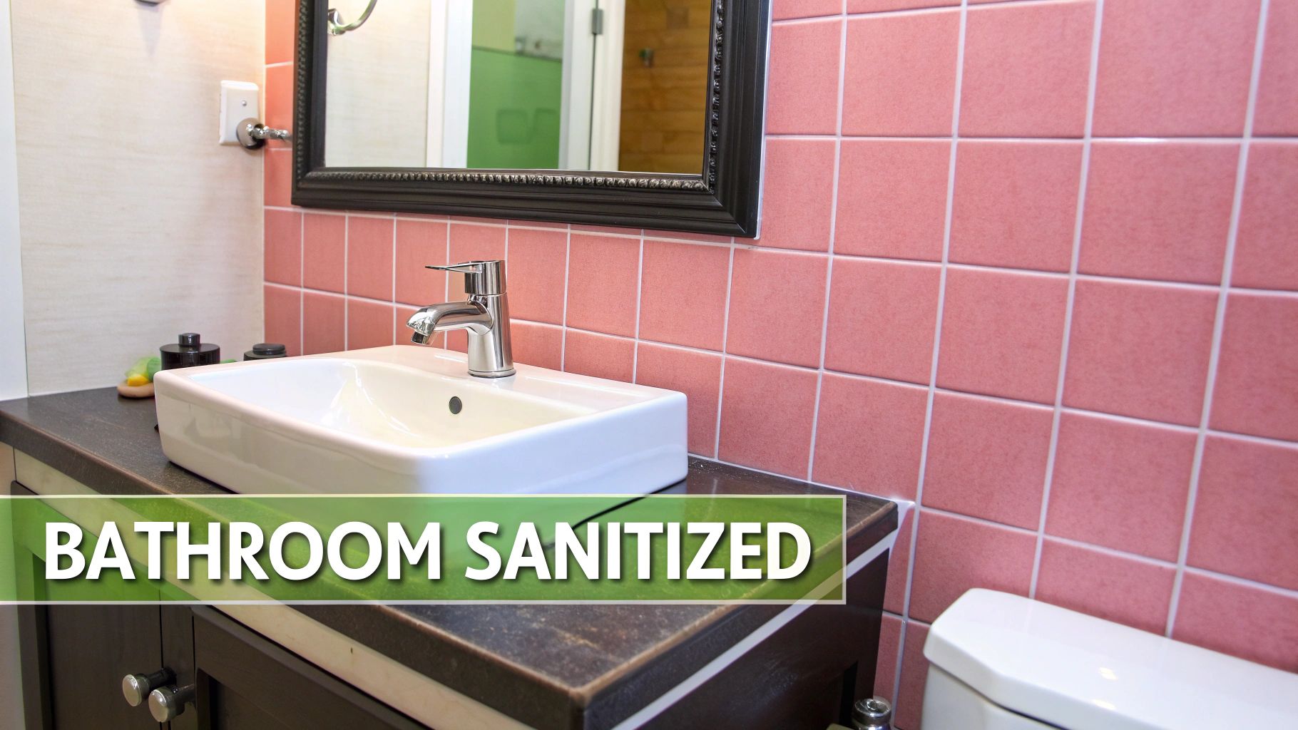 A freshly sanitized bathroom with a modern sink, chrome faucet, mirror, and pink tiled wall.