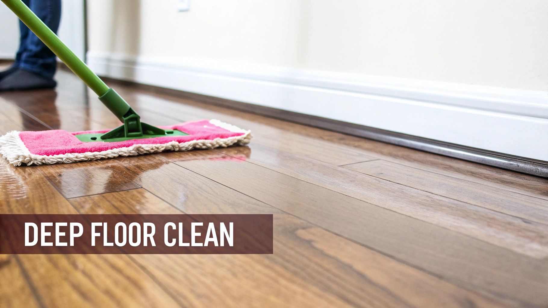 A person mopping a shiny wooden floor with a green and pink mop, indicating deep cleaning.