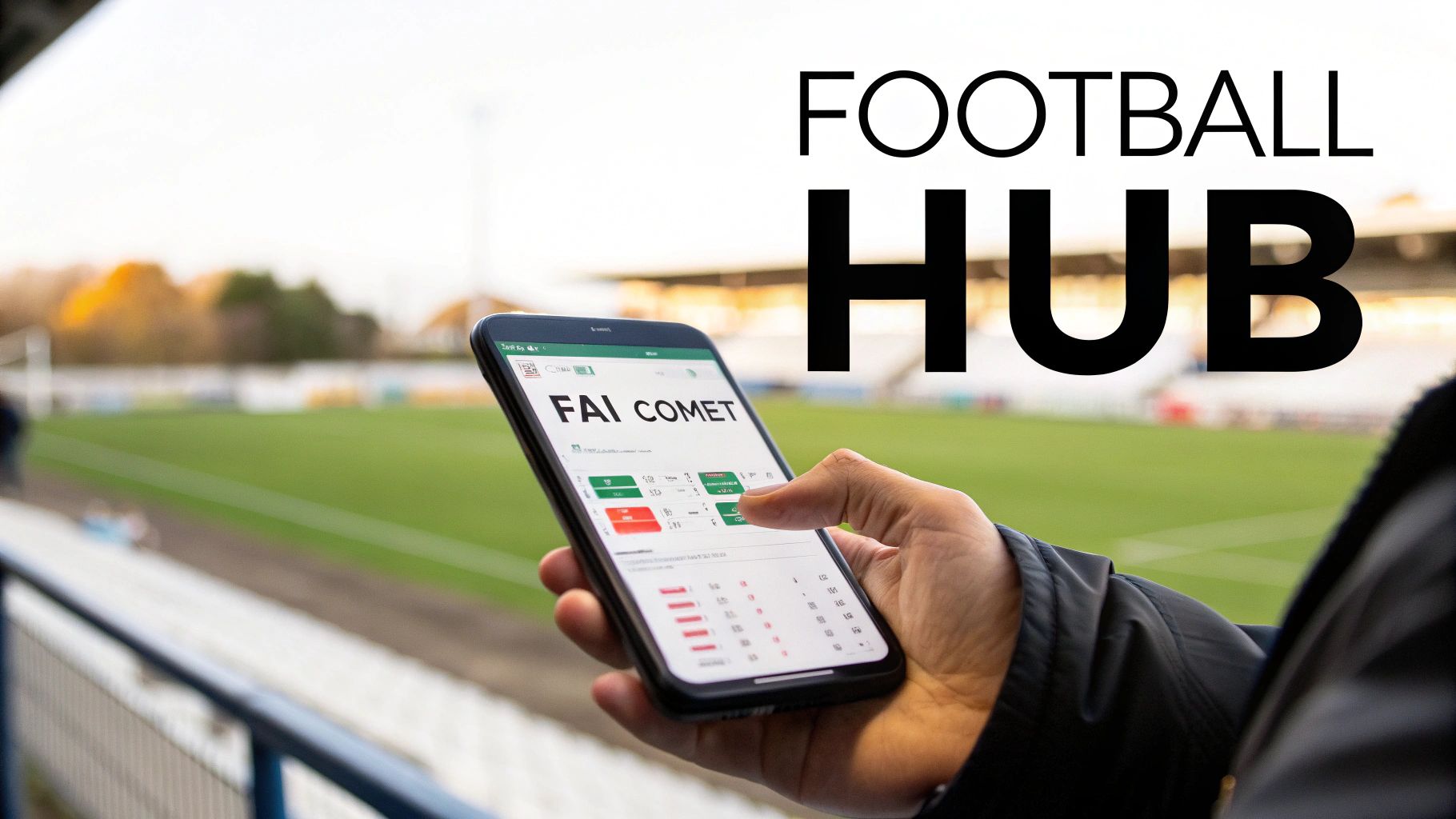 A person holds a smartphone displaying the FAI COMET app at a football stadium, with FOOTBALL HUB text overlay.