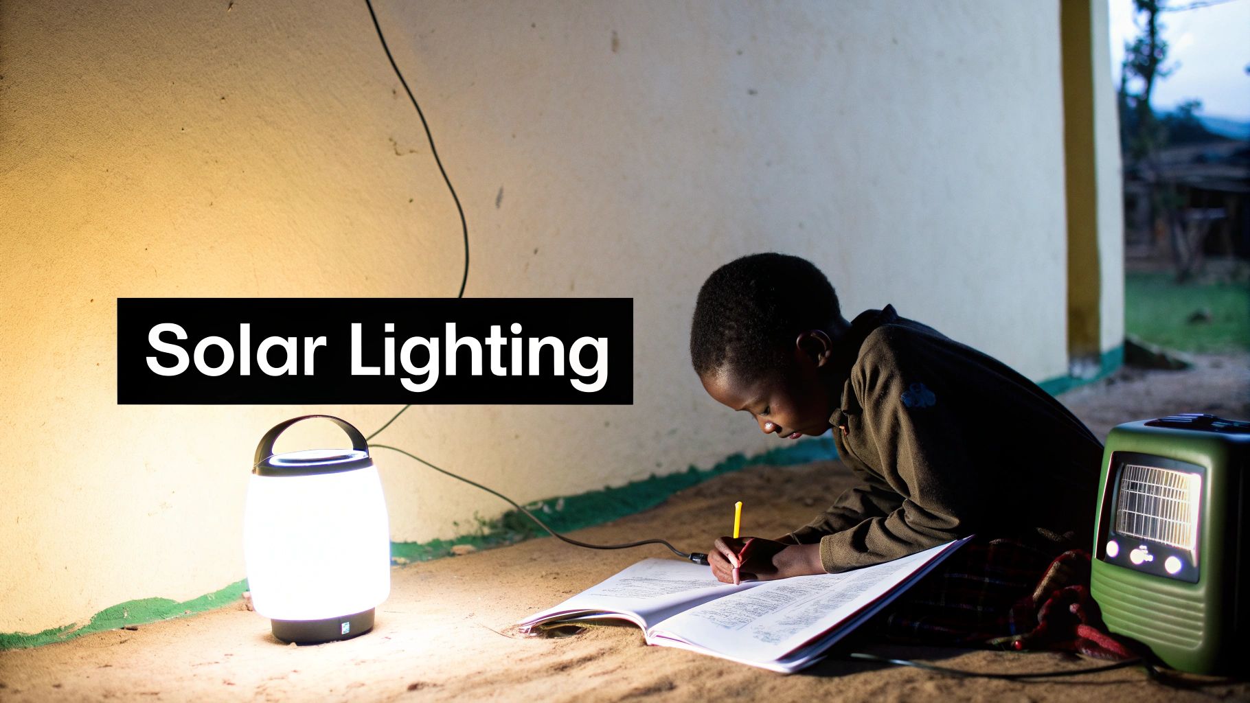 Young child studies at night, illuminated by a bright solar lantern, representing solar lighting.