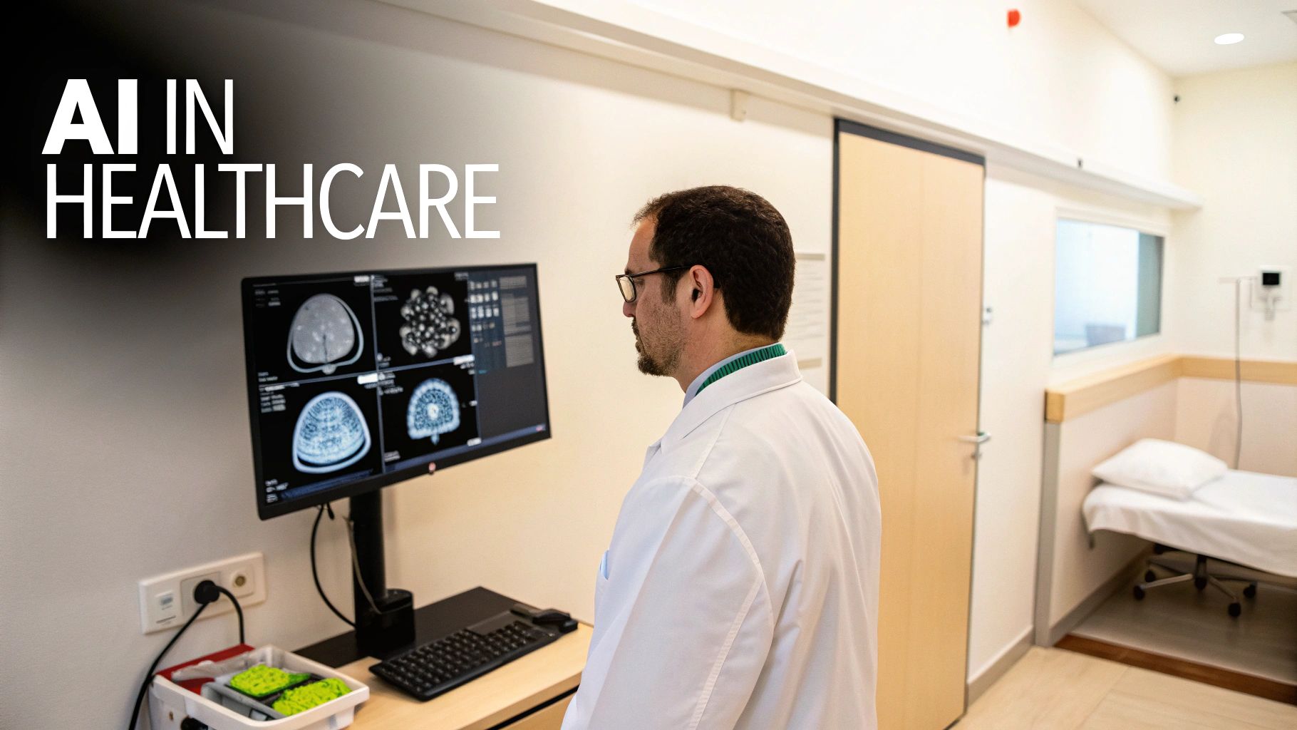 Doctor uses AI to analyze brain scans on a computer monitor in a modern healthcare setting.