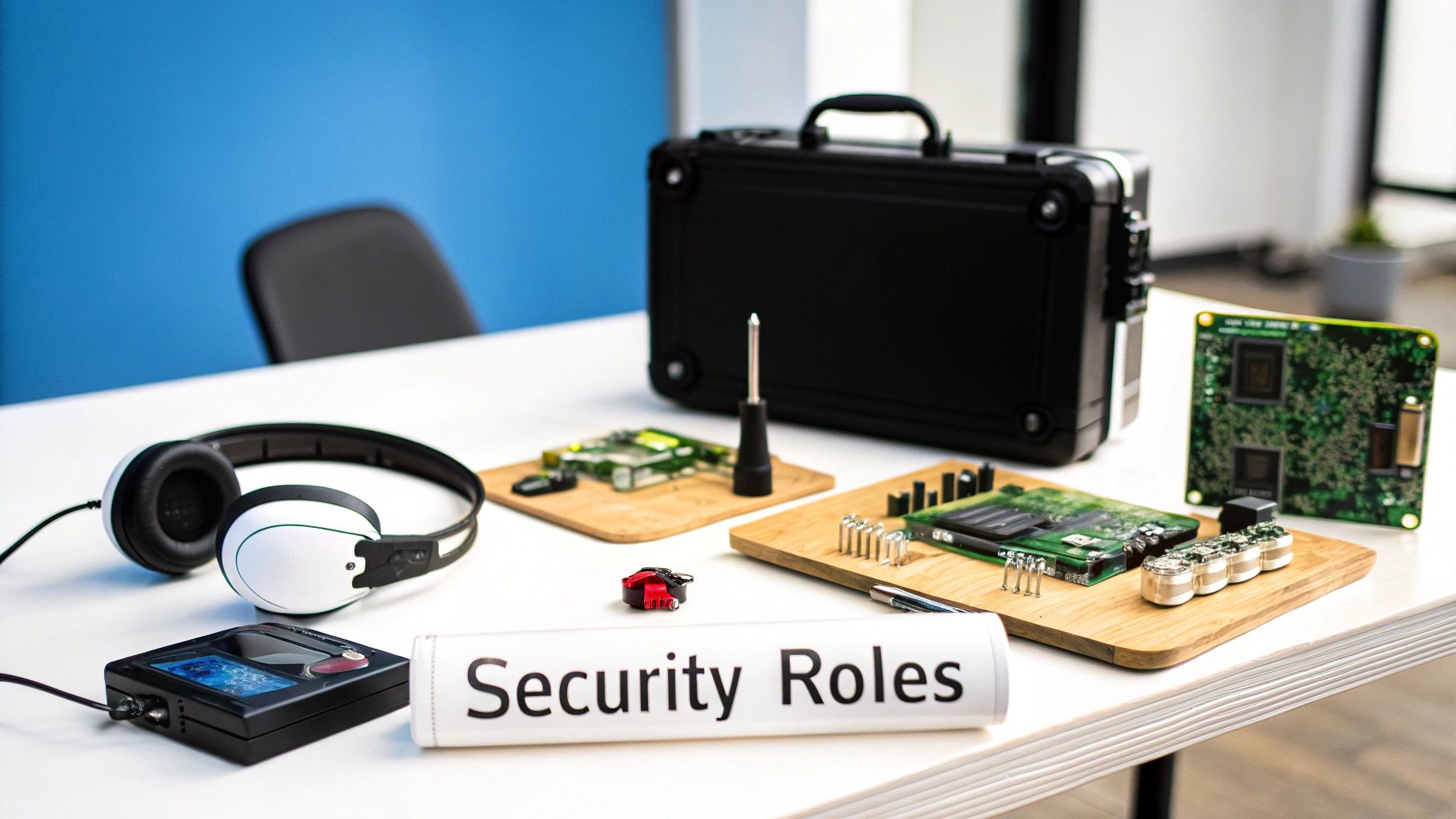 Various computer hardware components, a black briefcase, and a document titled 'Security Roles' on a desk.
