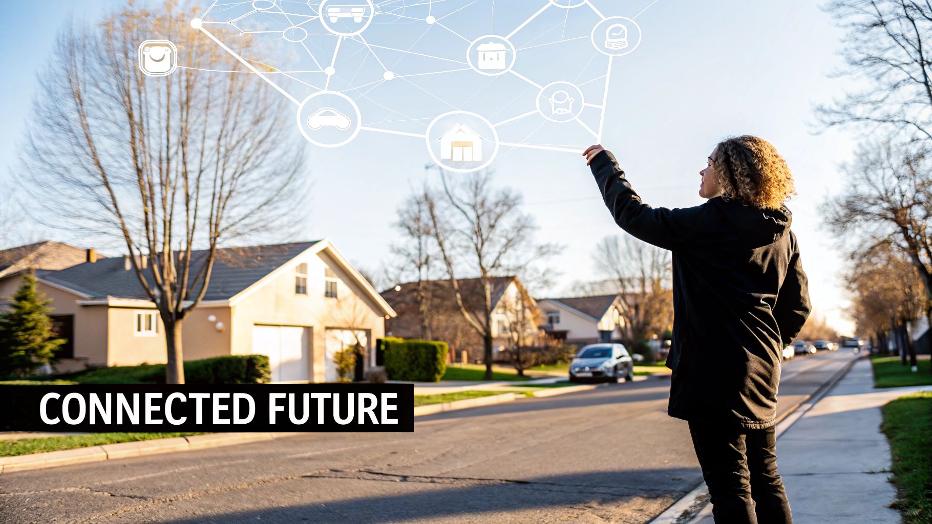 A woman interacts with a network of smart home and vehicle icons in a connected future concept.