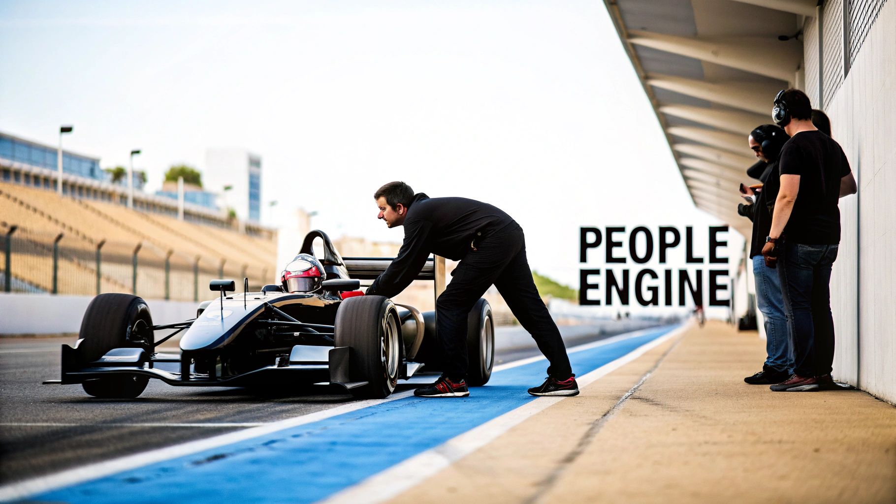 A pit crew member pushes a black formula race car with a driver on a track, team observing.