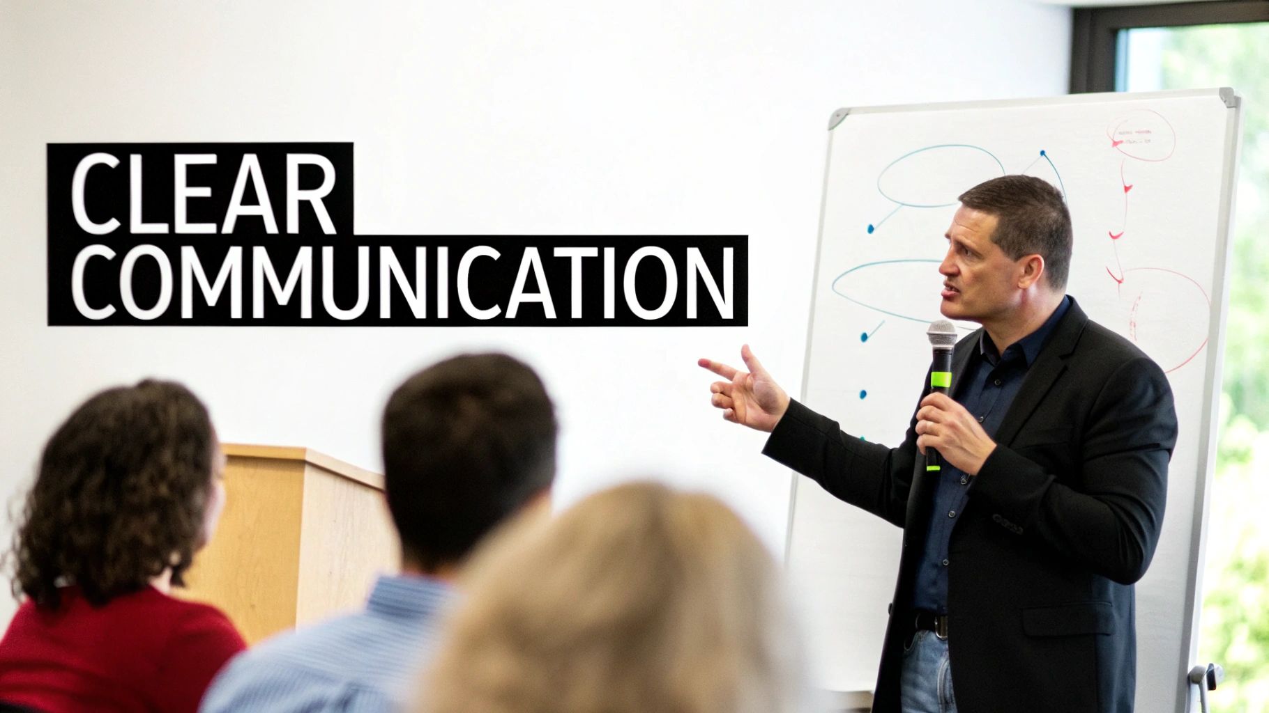 A man speaks into a microphone, pointing at a whiteboard with diagrams during a presentation on clear communication to an audience.
