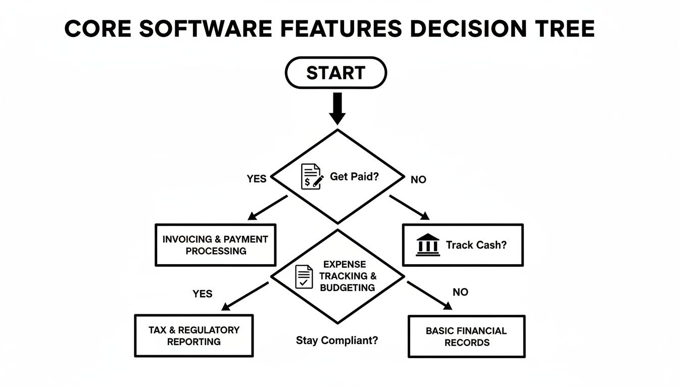 Decision tree flowchart illustrating core accounting software features, guiding users through payment and expense tracking options.