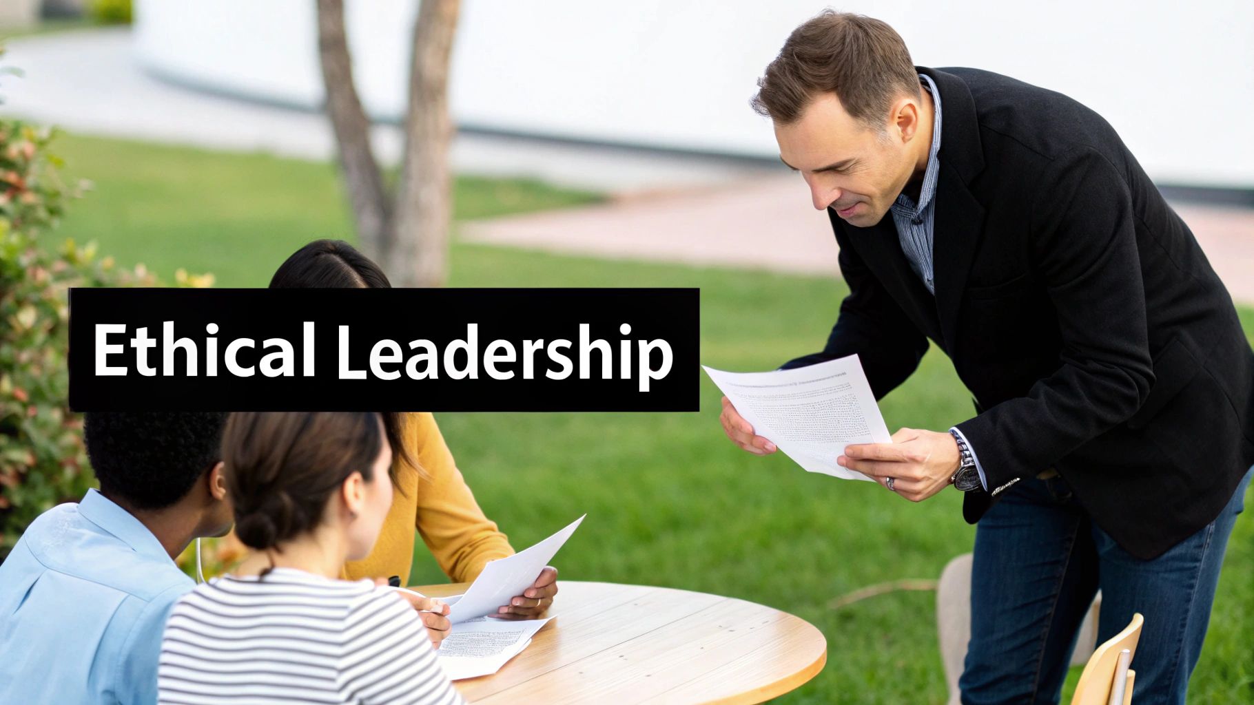 A male leader guides a diverse group through documents outdoors, with the text 'Ethical Leadership'.