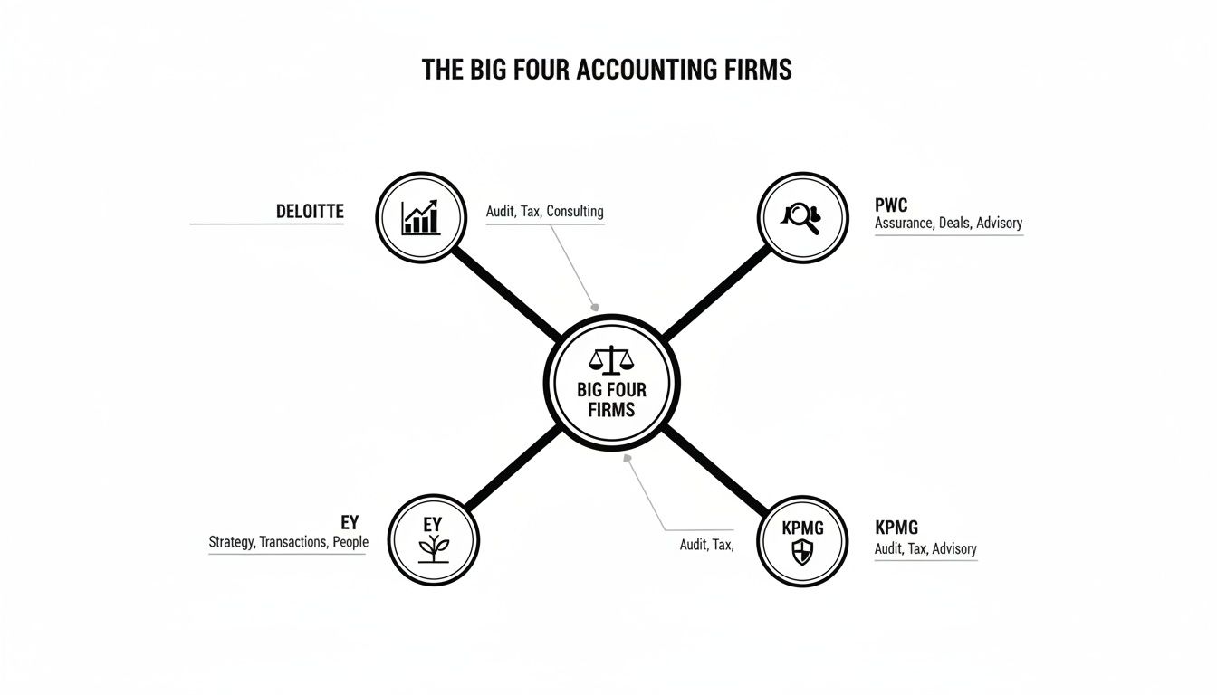 A diagram illustrating the Big Four accounting firms (Deloitte, PwC, EY, KPMG) and their core services.