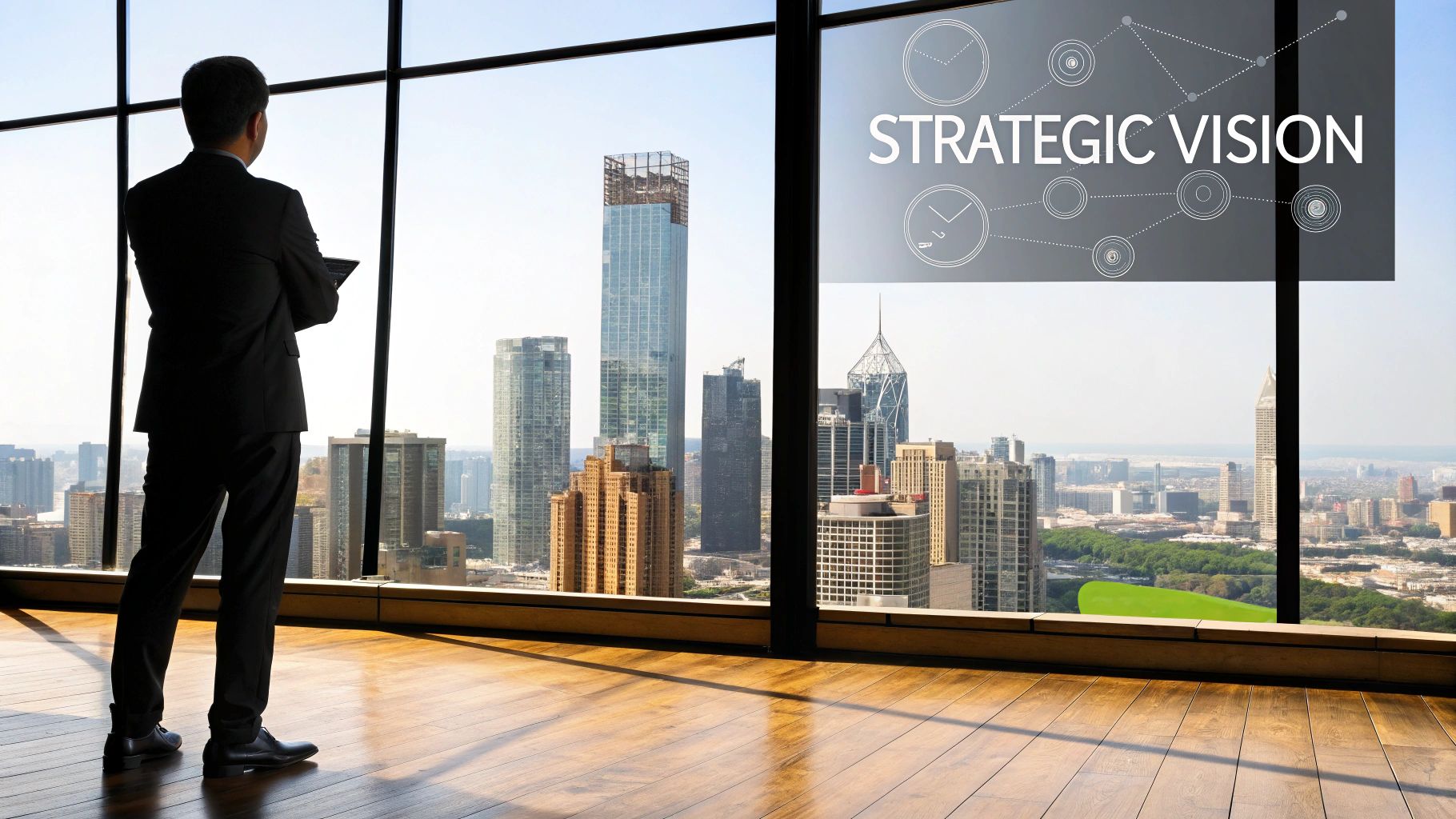 A businessman in a suit stands by a large window looking at a city skyline with 'STRATEGIC VISION' text.