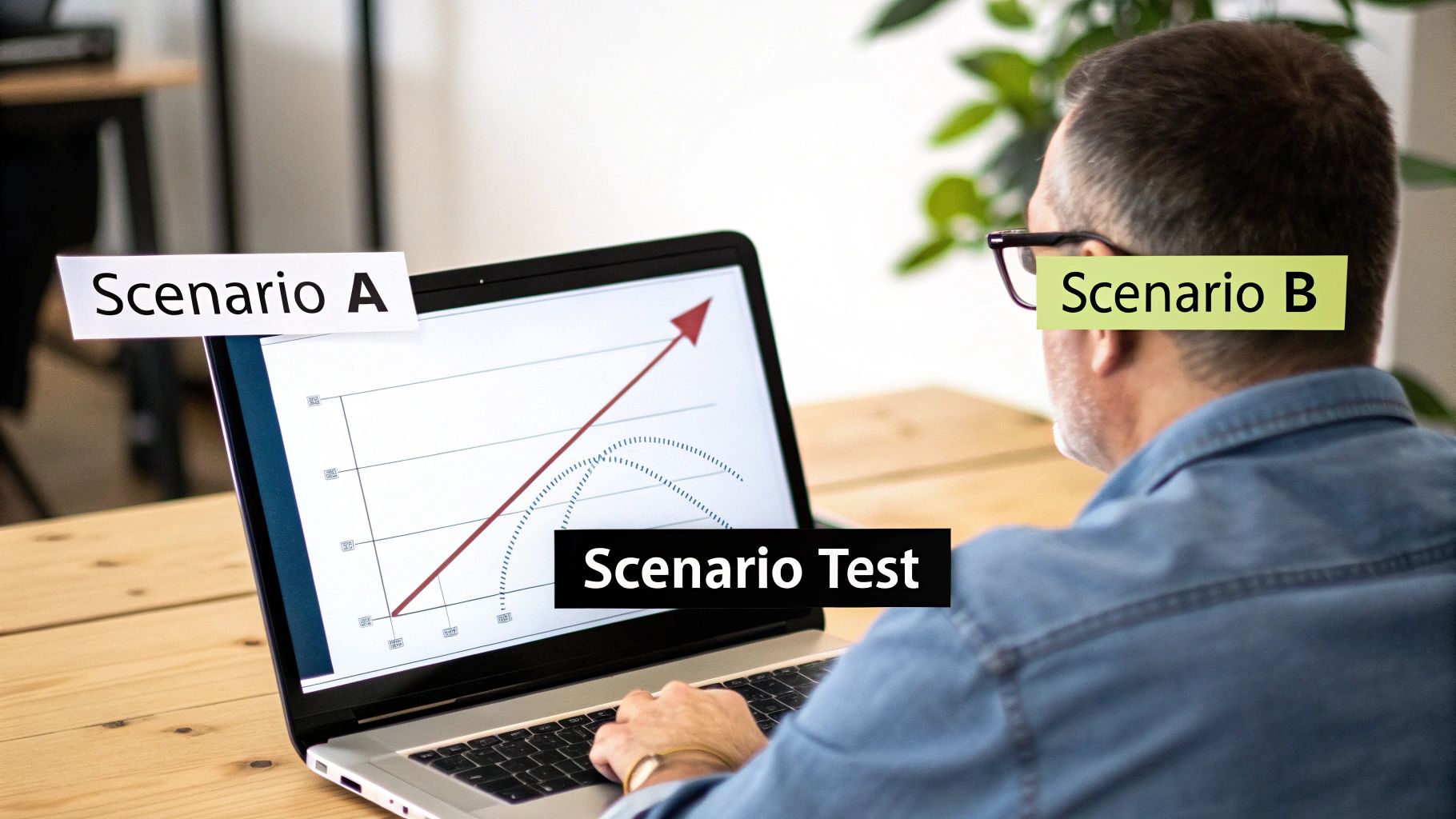 A person analyzes scenario charts on a laptop, comparing potential business outcomes.