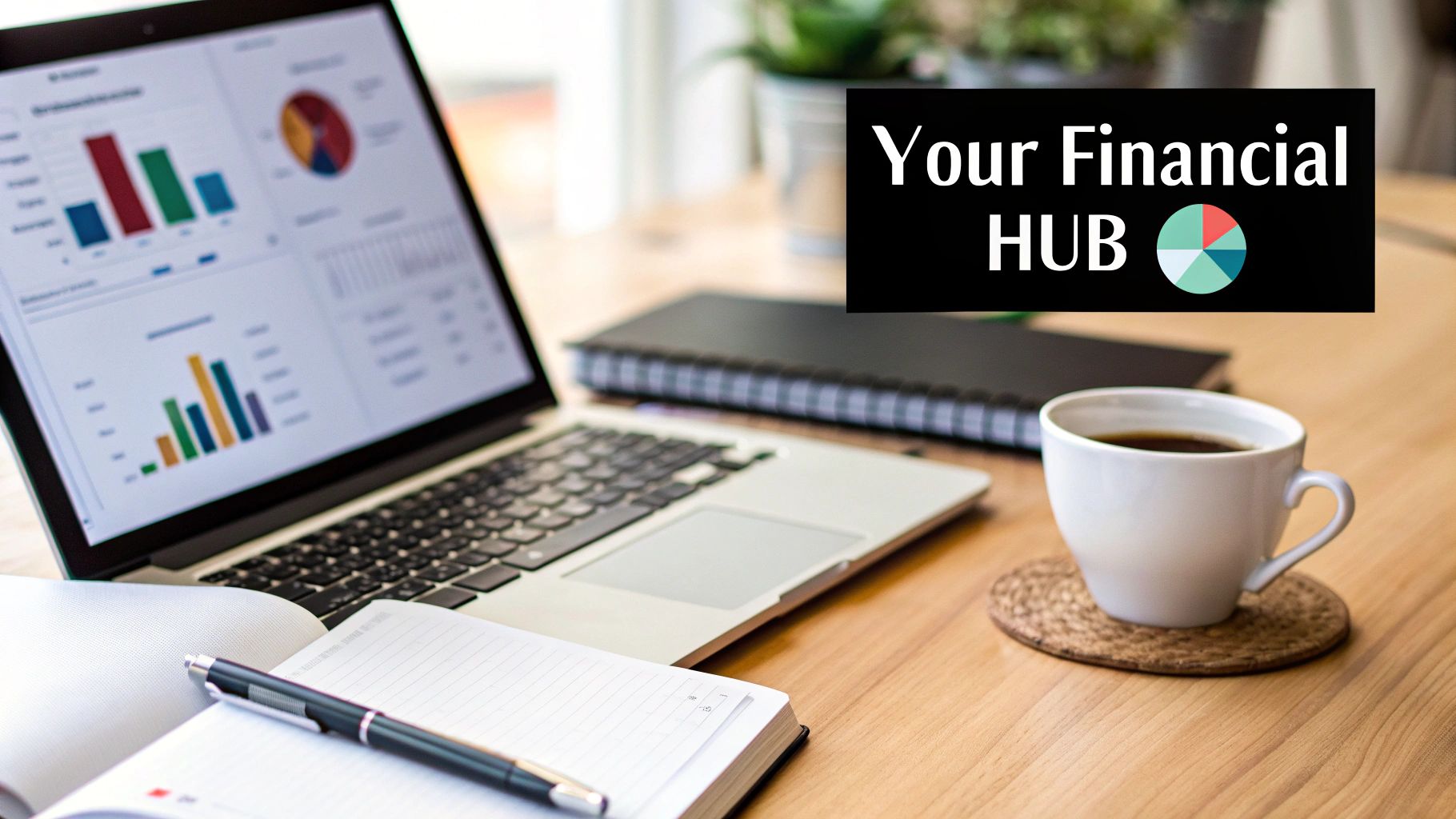 Laptop displaying financial charts and graphs, with coffee and notebooks on a wooden desk.