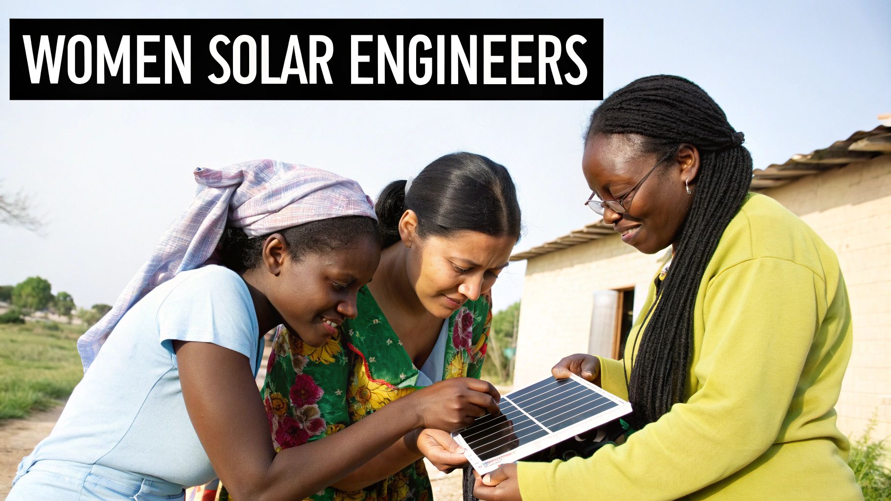 Three women solar engineers collaboratively examine a small solar panel outdoors, smiling.