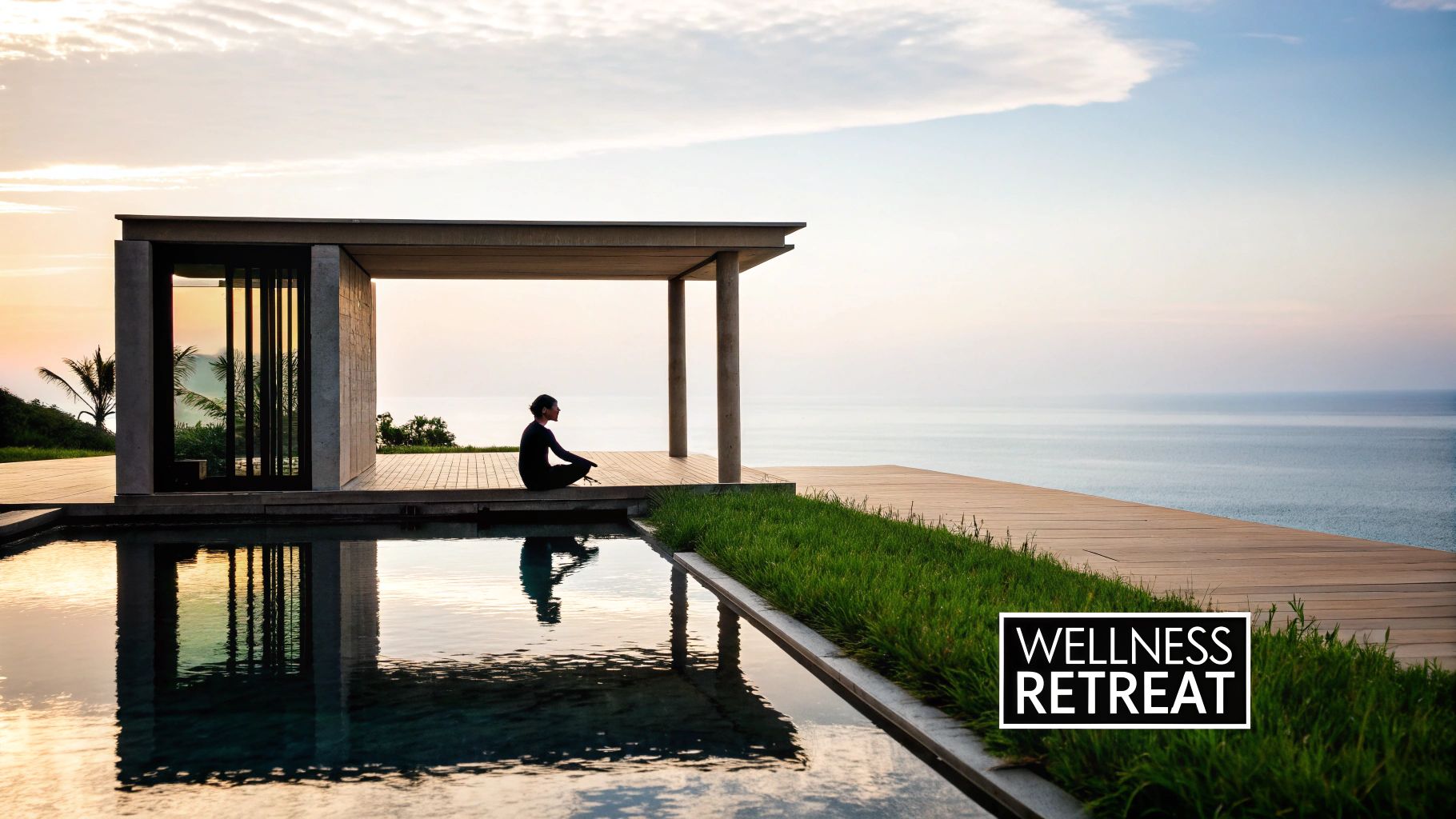 A person meditates in lotus position on a wooden deck overlooking the ocean at a serene wellness retreat.