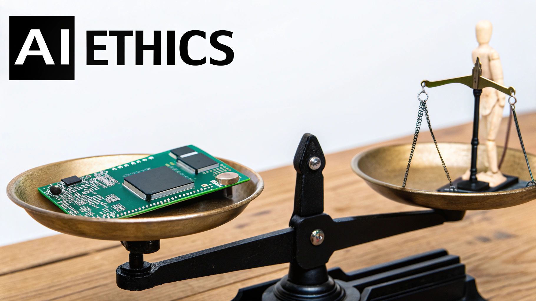 A set of scales balancing a circuit board and a wooden mannequin, with 'AI ETHICS' text.