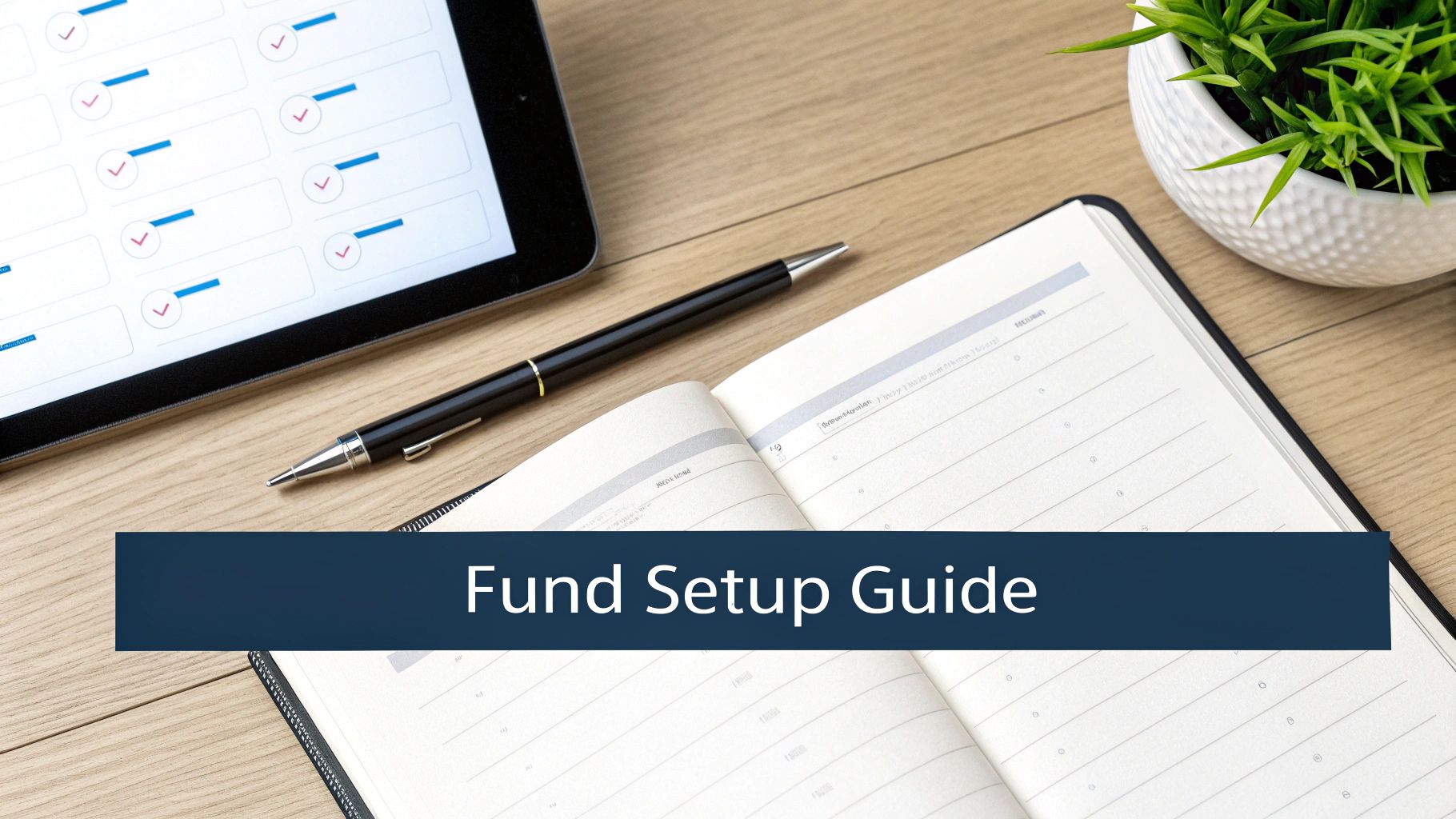 A flat lay of a wooden desk with a tablet, pen, open notebook, and 'Fund Setup Guide' text.