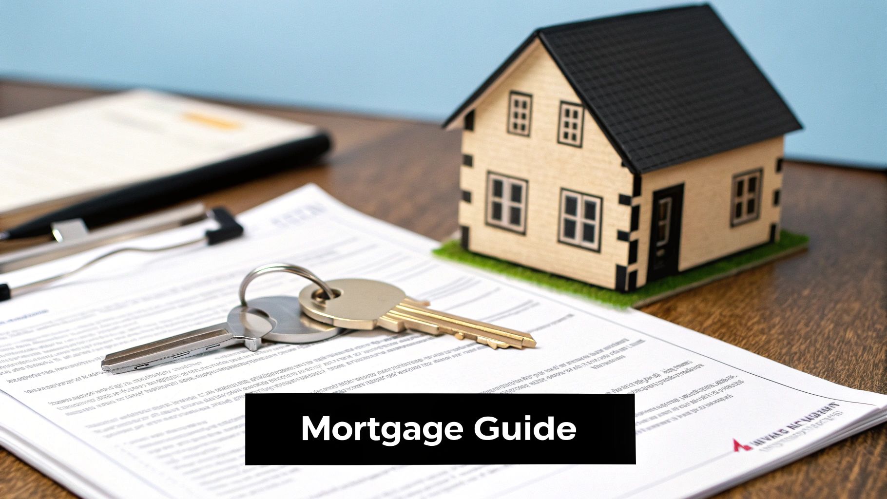 A small wooden house model, house keys, and documents on a table for a mortgage guide.