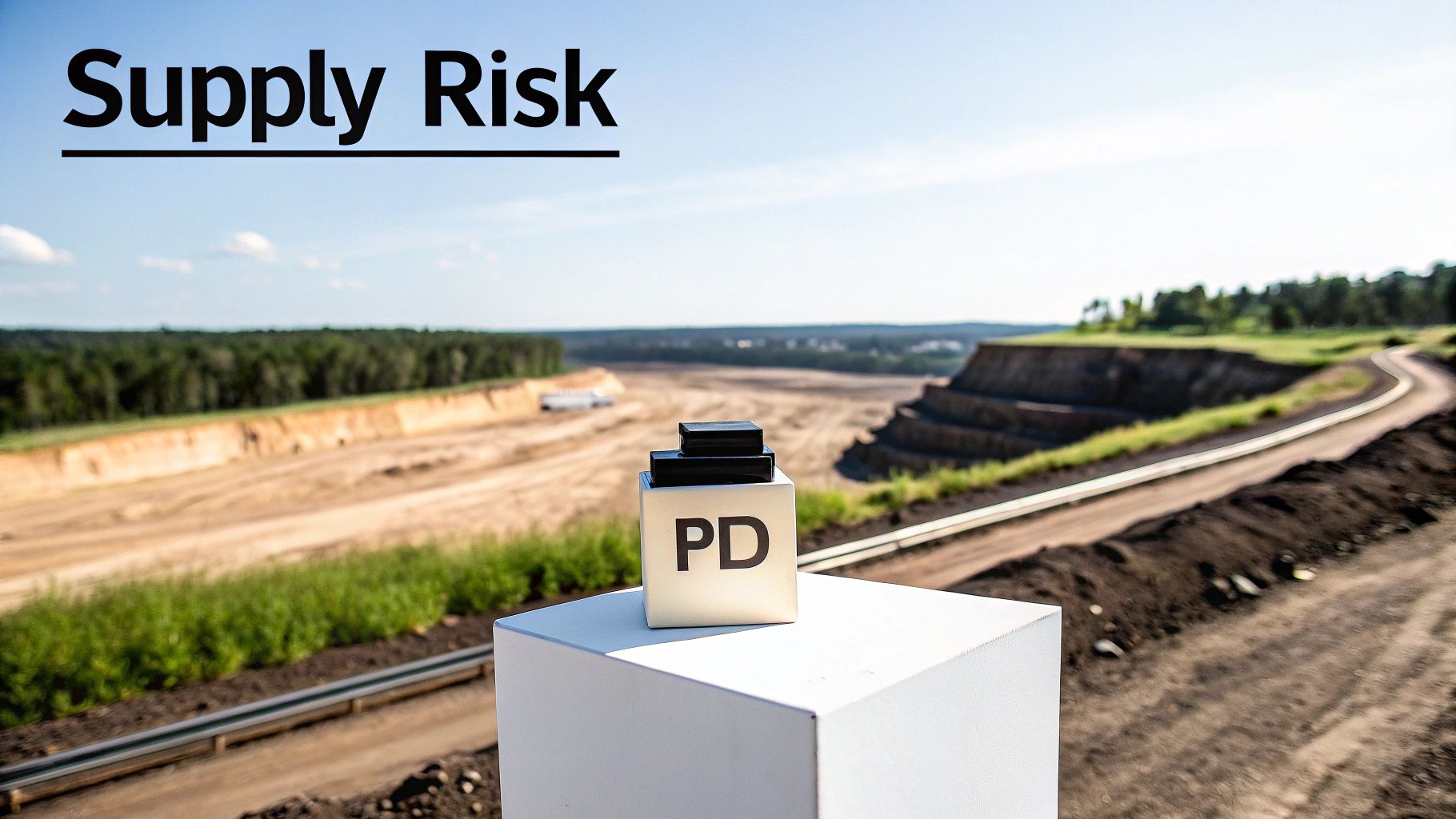 A white cube with 'PD' sits on a pedestal overlooking an open-pit mine, illustrating supply risk.