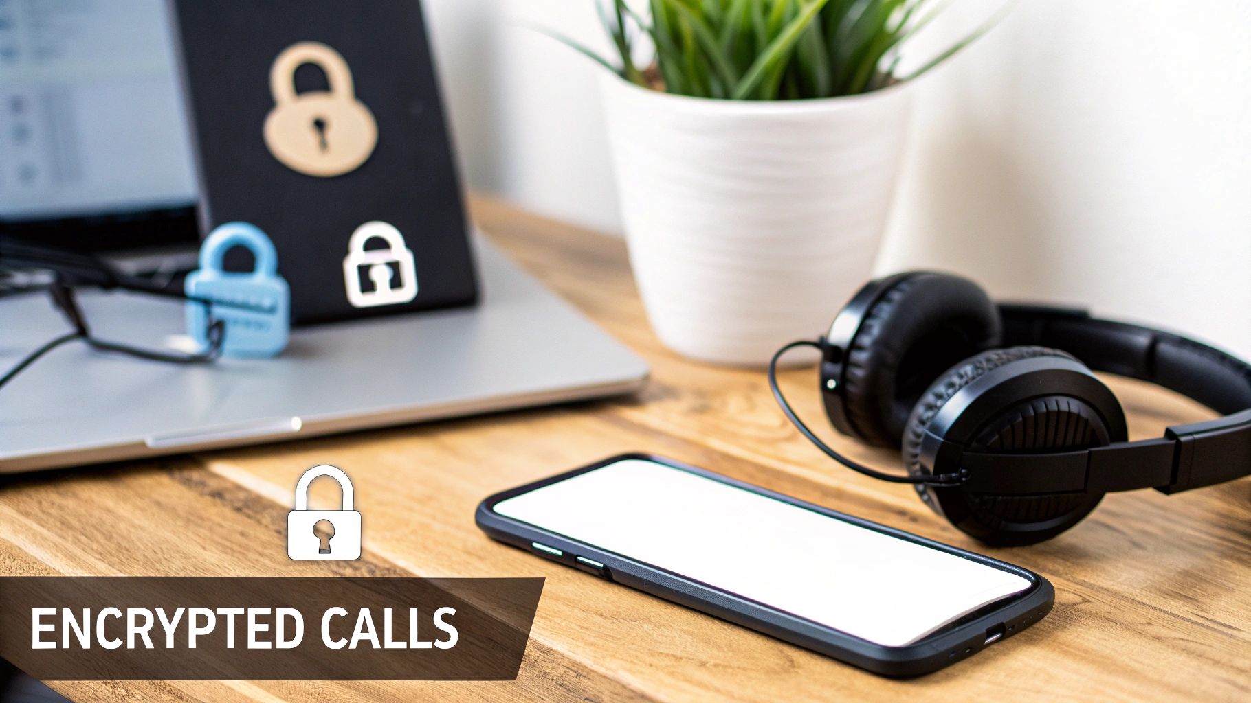 A desk with a smartphone, headphones, laptop, and padlock icons, signifying secure encrypted calls.