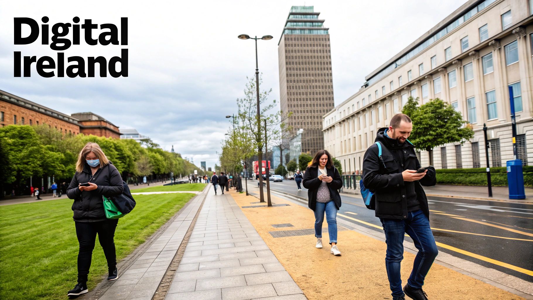 People walking on a city street, engrossed in their mobile phones, under the text 'Digital Ireland'.