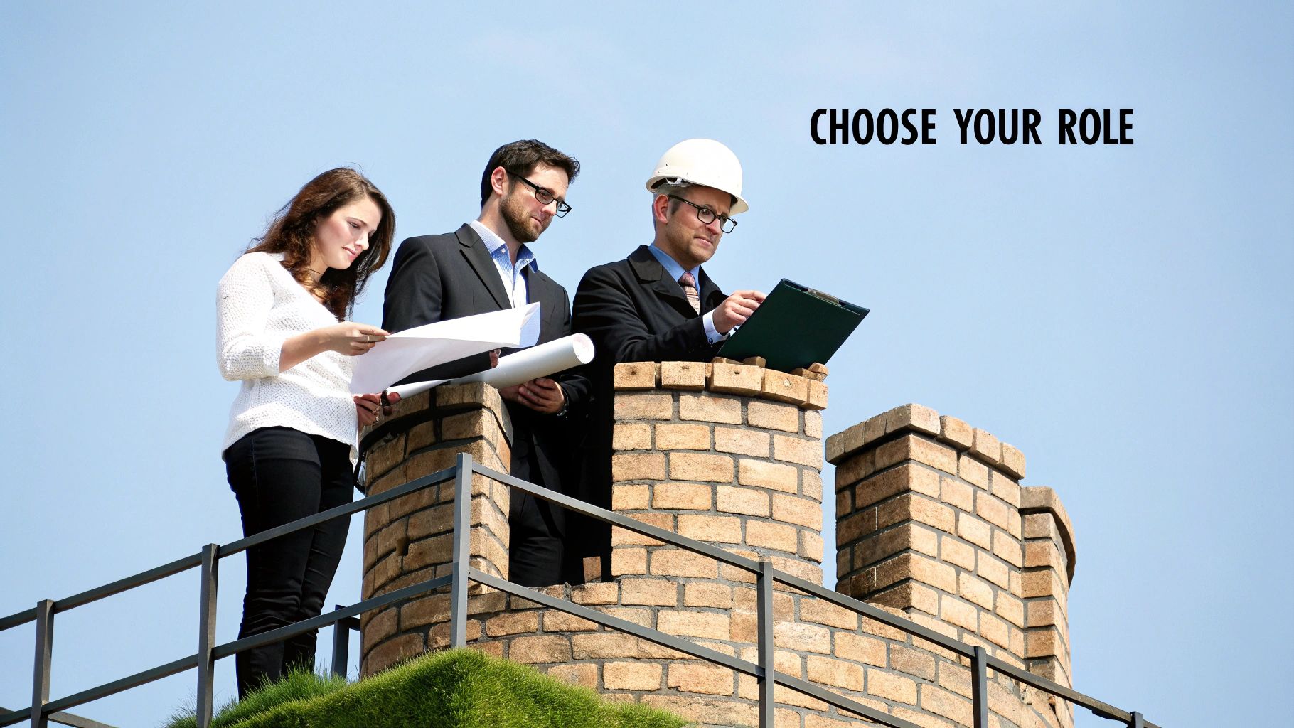 Three professionals, including a woman and two men, reviewing blueprints on a brick structure.