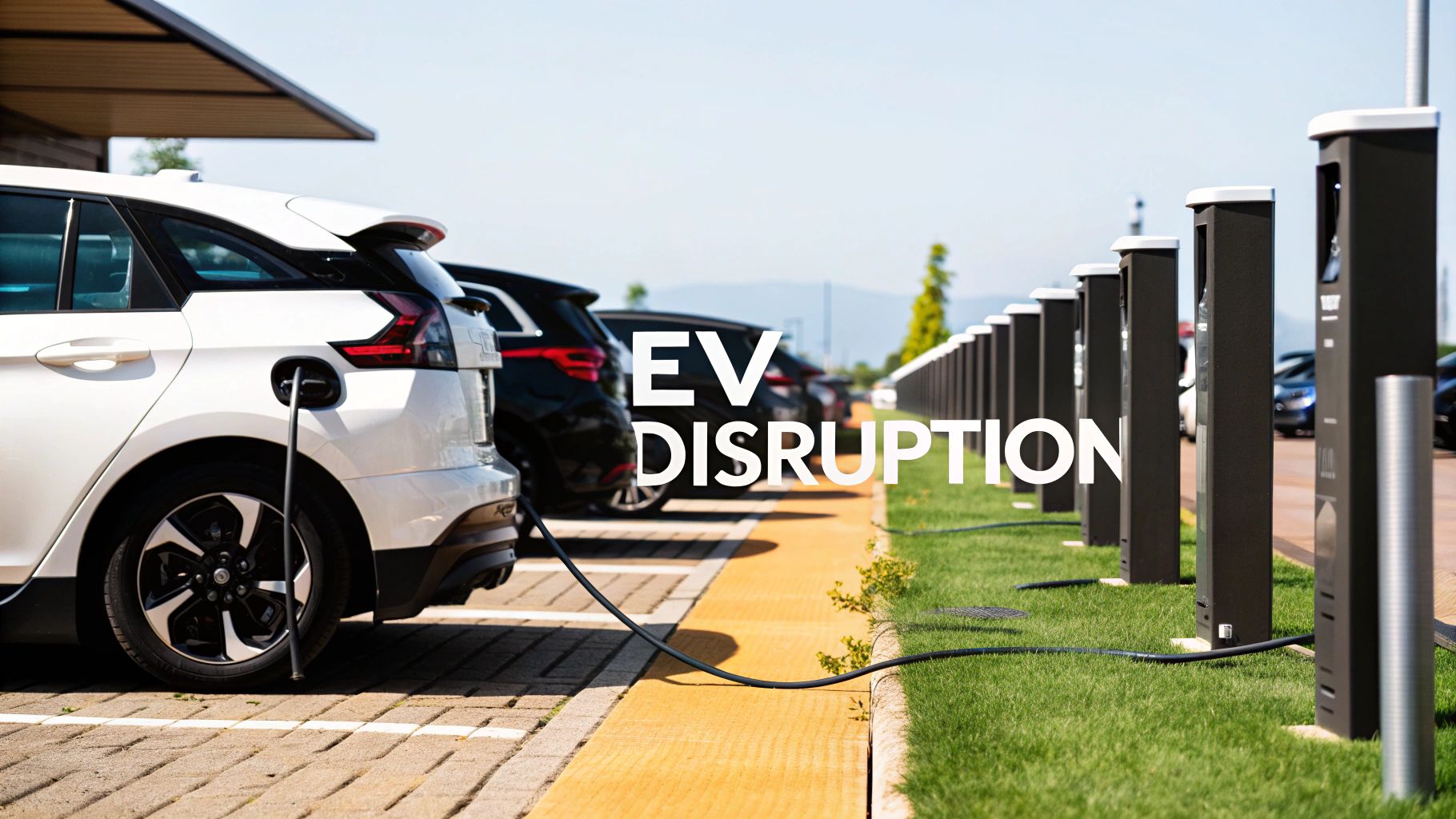 A white electric vehicle charging at a station in a large outdoor parking lot, with text 'EV DISRUPTION'.