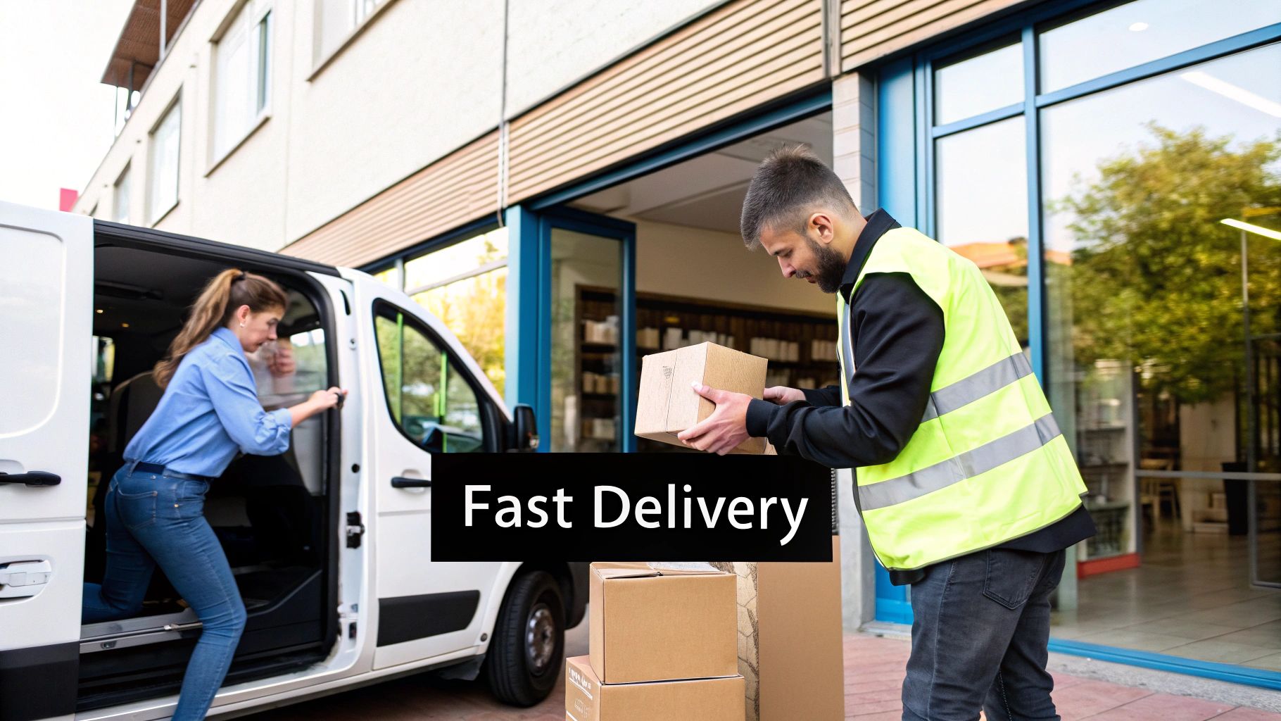 A delivery man in a safety vest handles packages while a woman exits a white delivery van.