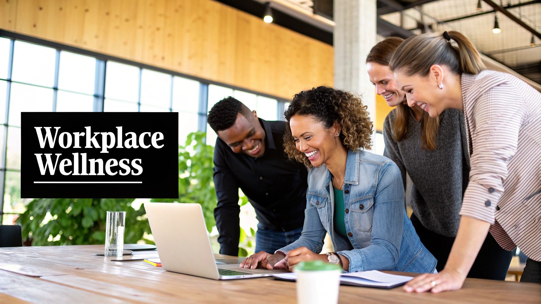 A group of diverse colleagues collaborating in a bright, modern office, looking engaged and supportive.