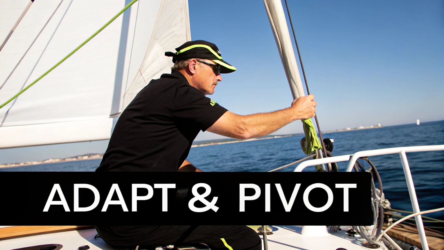A focused man in a cap sailing, adjusting ropes on a boat under a clear blue sky.