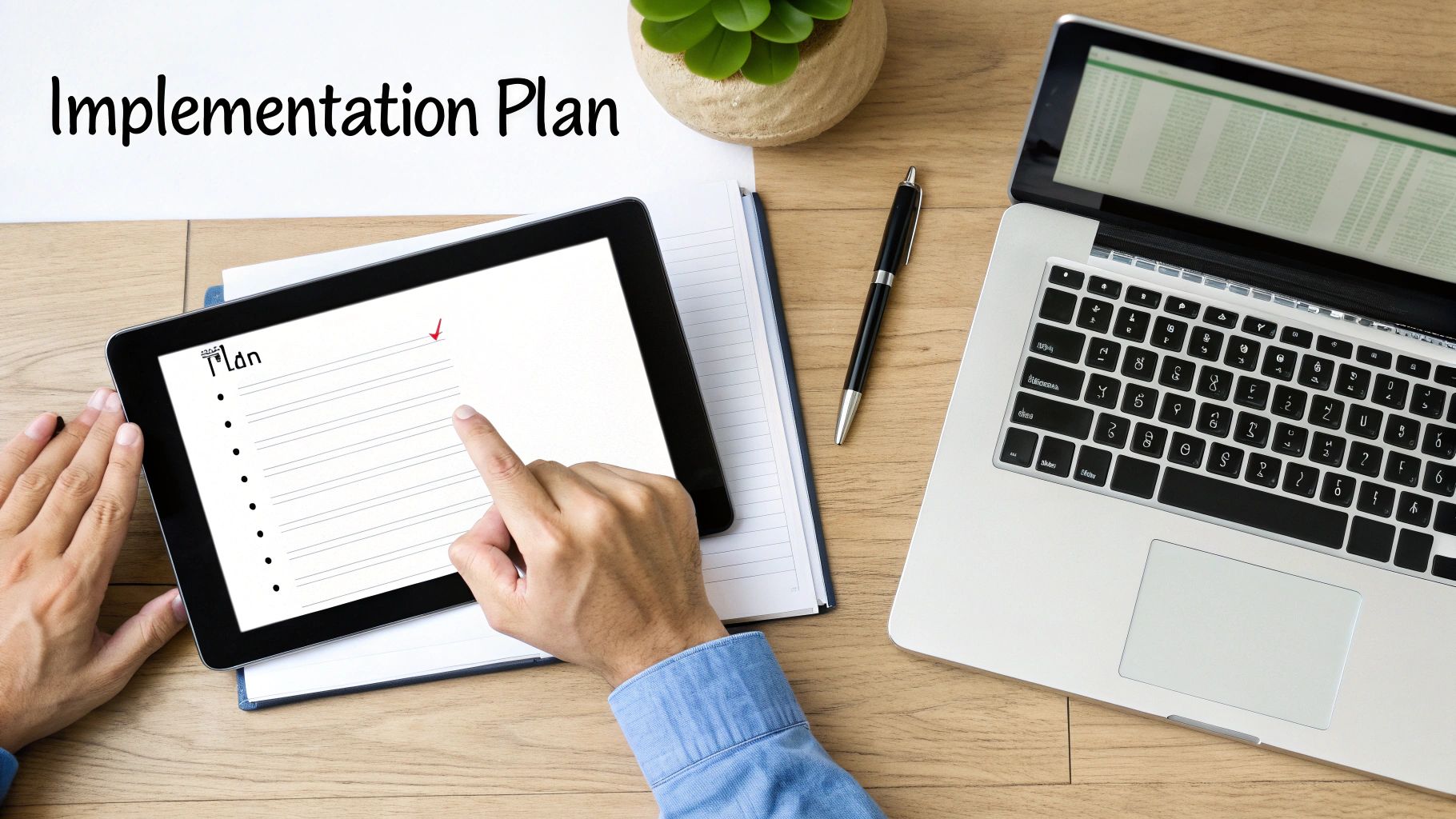Overhead view of hands touching a tablet displaying an 'Implementation Plan' checklist.