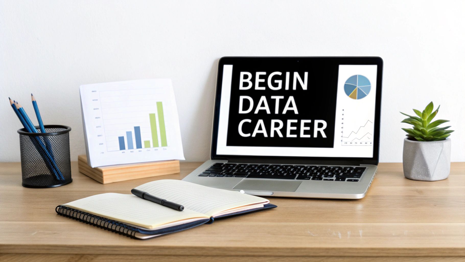 A laptop on a wooden desk displays 'BEGIN DATA CAREER' with charts, alongside a notebook, pencils, and a plant.