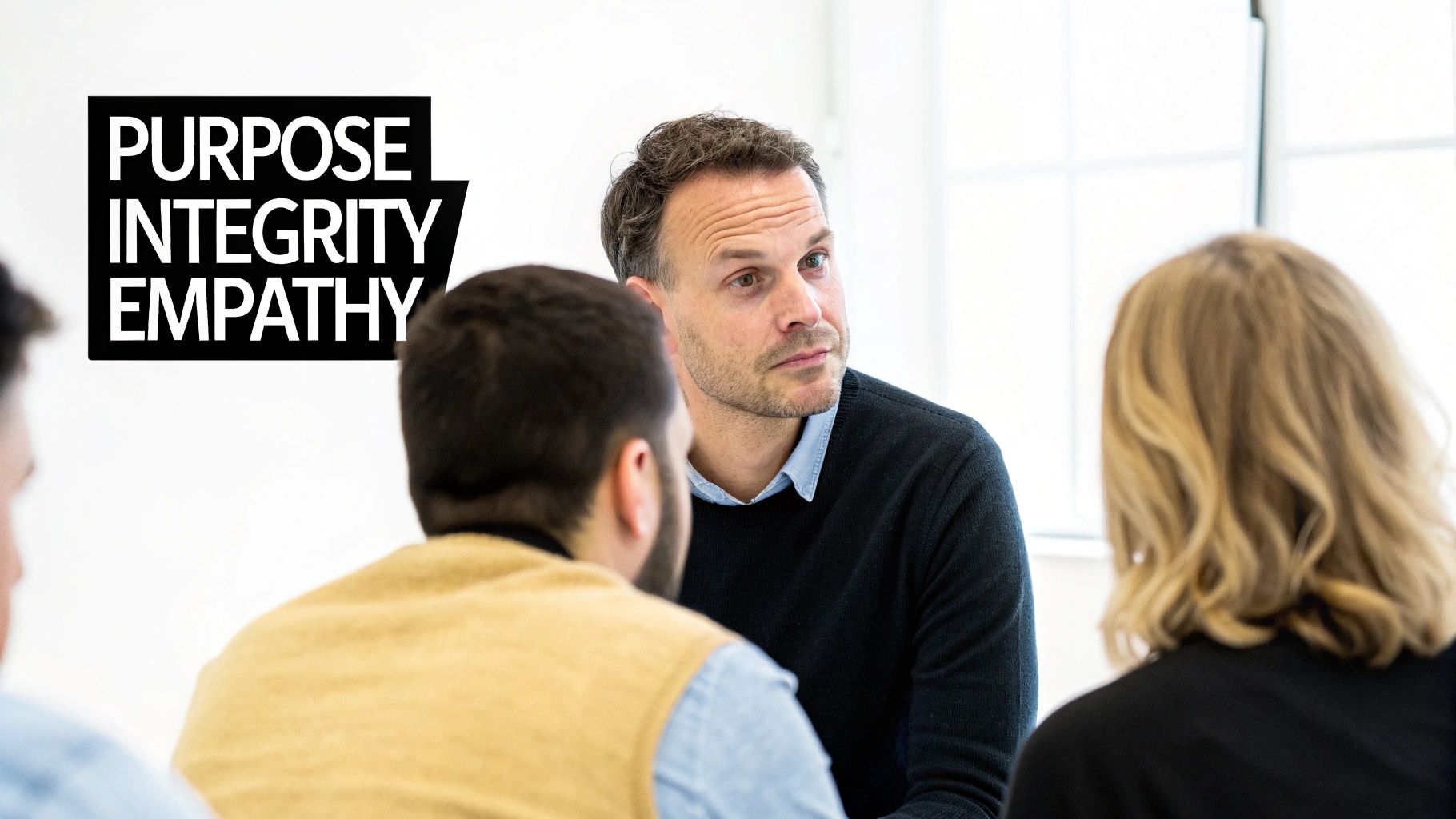 A man engaged in a discussion with colleagues, while text 'PURPOSE INTEGRITY EMPATHY' is displayed.
