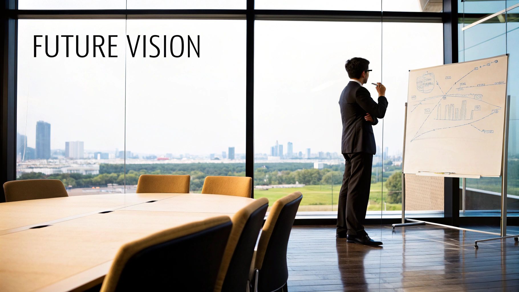 Businessman in a modern office looking at a whiteboard with diagrams, contemplating future vision with a city view.
