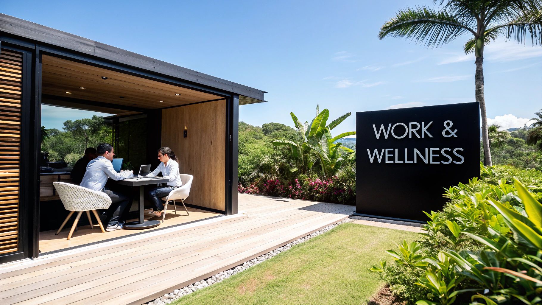 Two people work on laptops in a modern outdoor 'Work & Wellness' office surrounded by tropical nature.