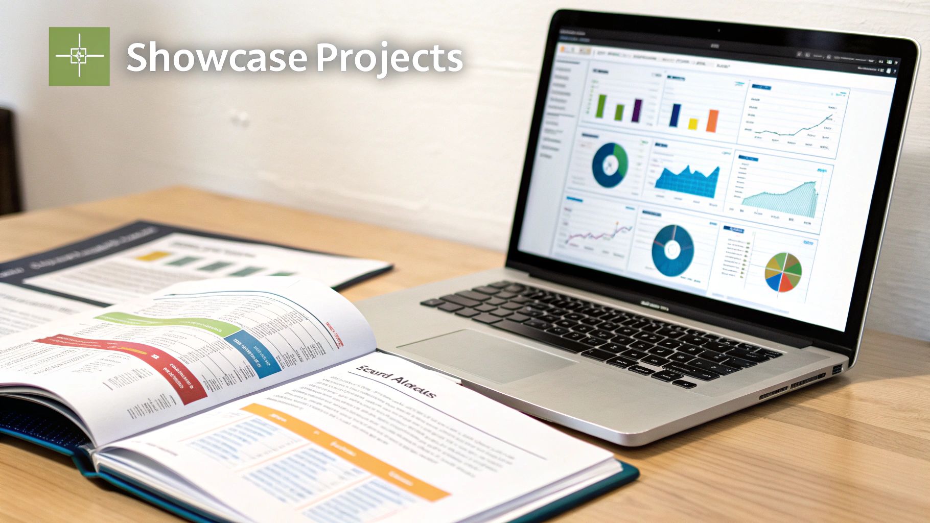 A laptop displays various data analytics dashboards with charts and graphs on a wooden desk, next to an open report.