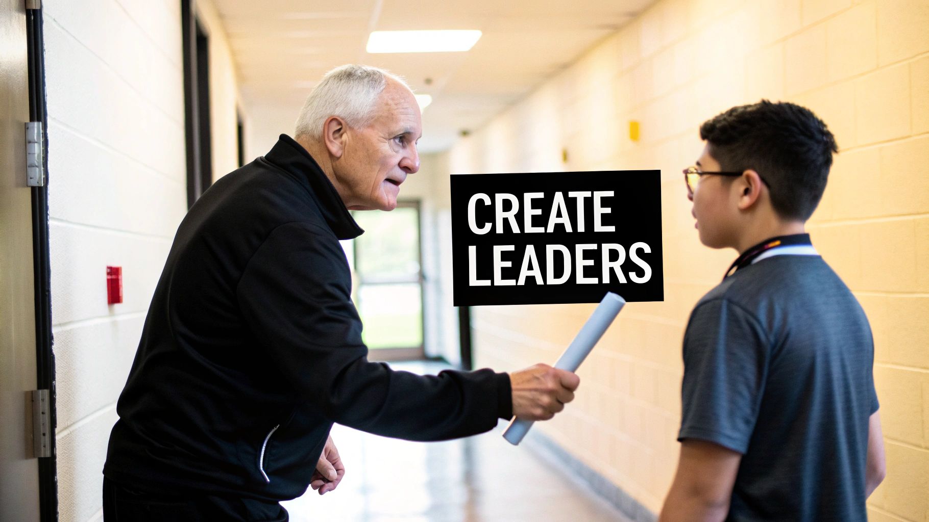 An older man talks to a young boy in a hallway, passing a baton with a 'CREATE LEADERS' sign.