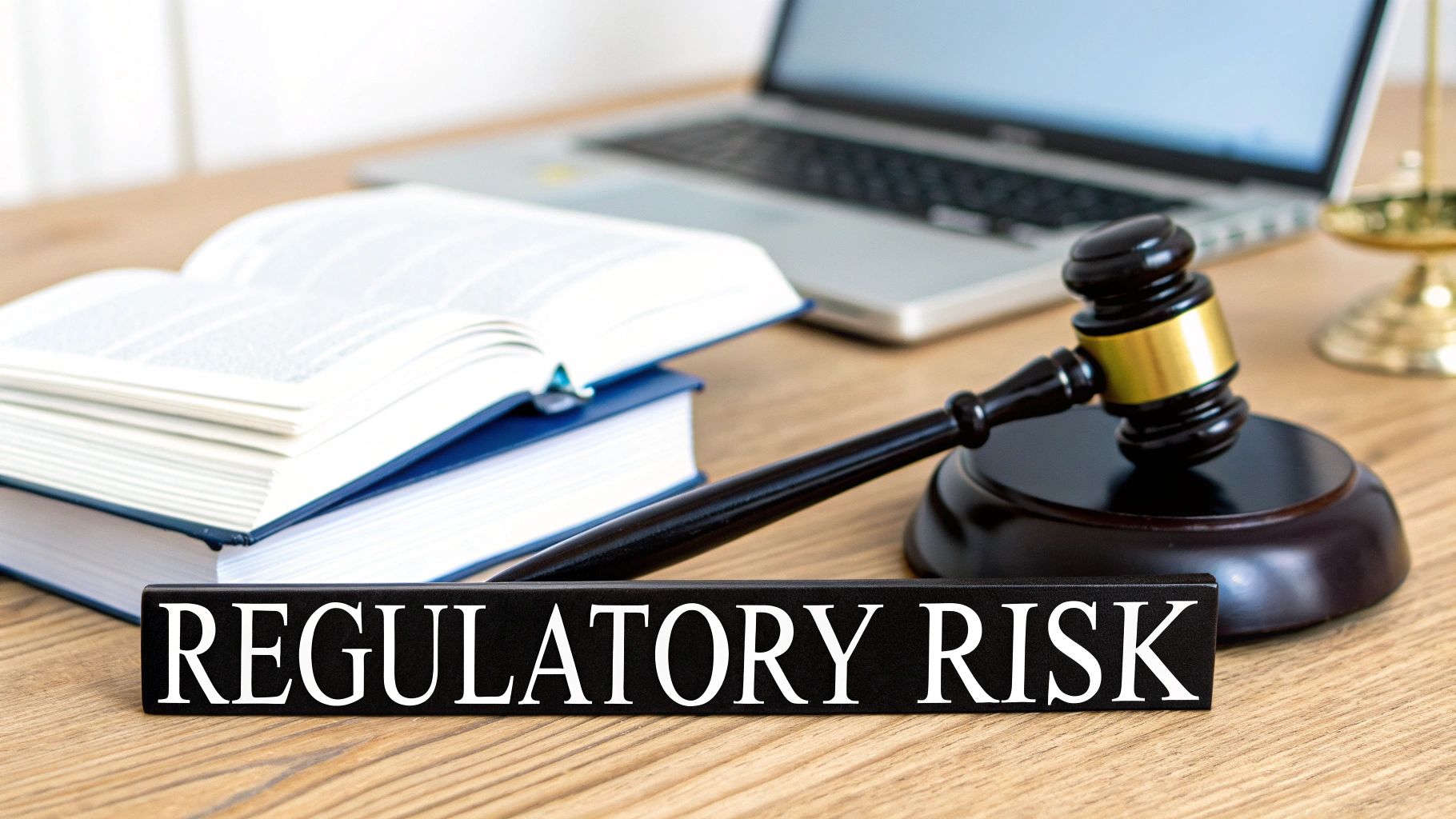 A legal desk setup with books, a laptop, a judge's gavel, and a 'REGULATORY RISK' sign.