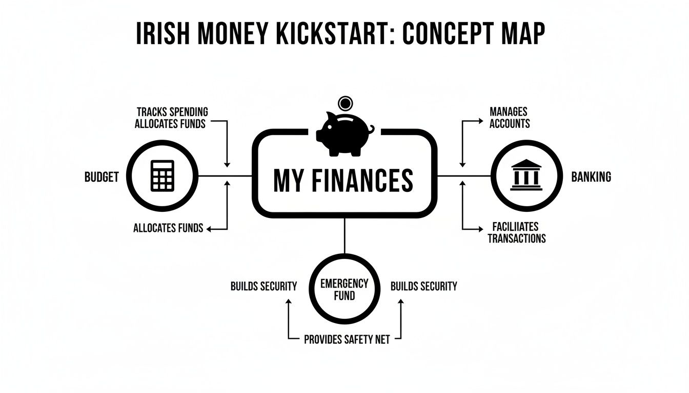 Concept map illustrating 'My Finances' with Budget, Banking, and Emergency Fund connections for financial planning.