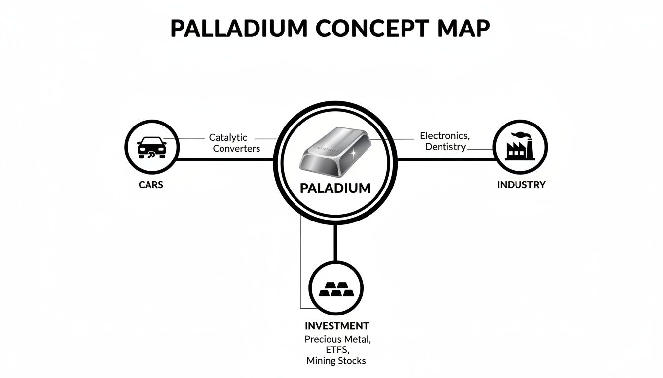 A concept map illustrating Palladium's uses in cars, industry, and as an investment.