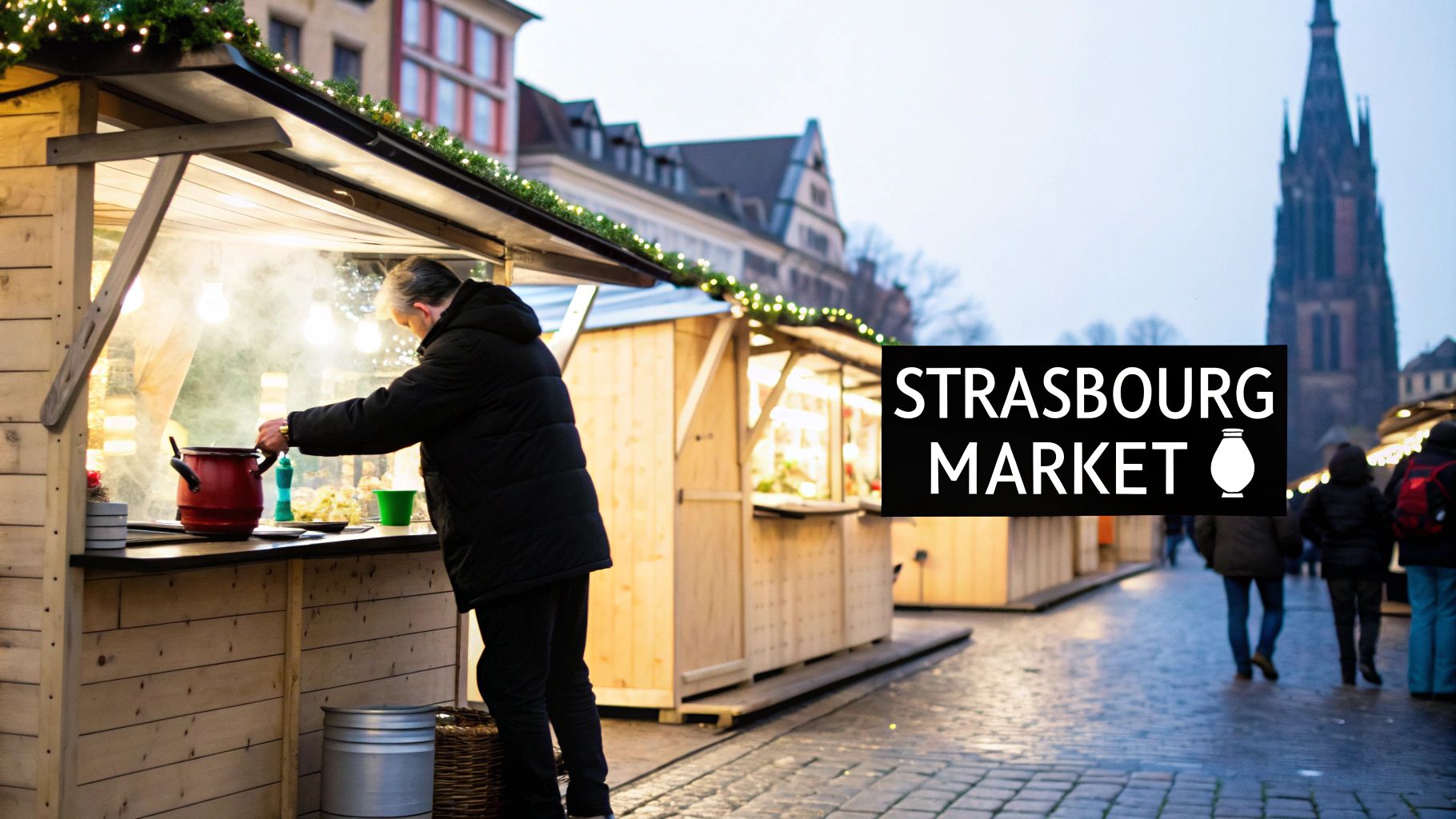 A person preparing warm food at a wooden stall decorated with lights at a bustling European Christmas market.