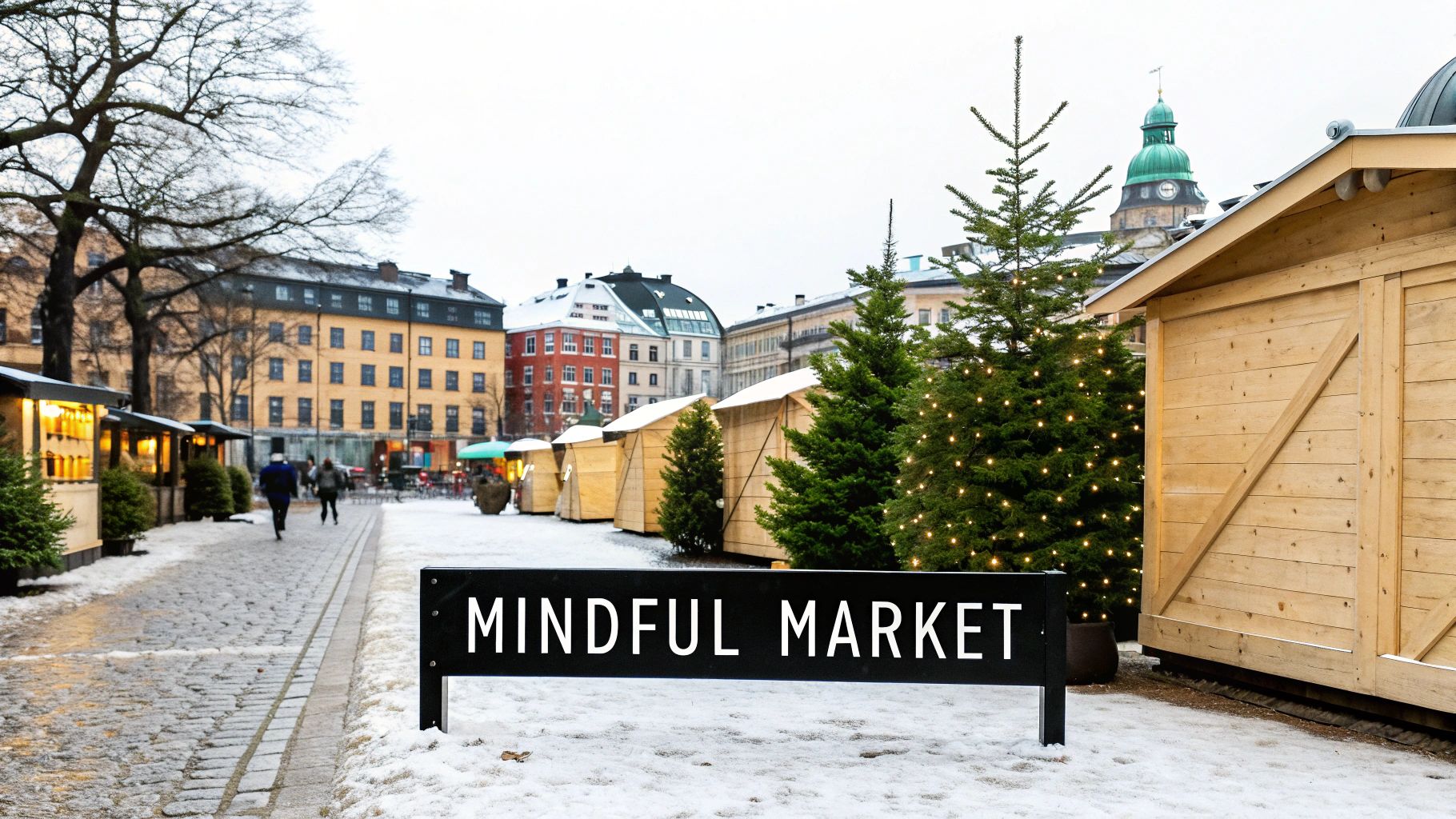 A snowy outdoor market with wooden stalls, decorated Christmas trees, and a sign reading 'Mindful Market'.