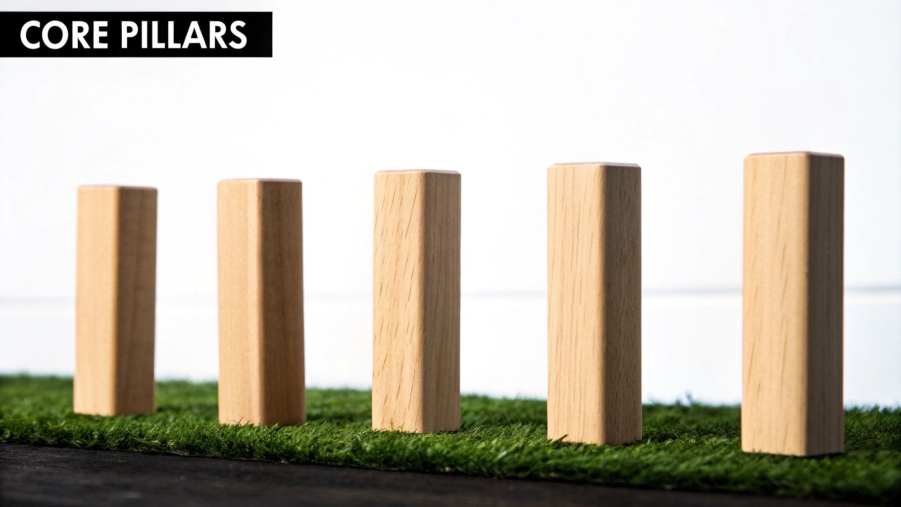 Five light brown wooden blocks representing core pillars standing on green artificial grass.