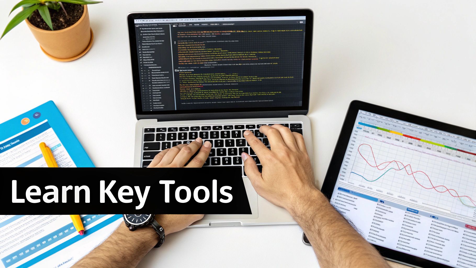 Overhead view of a person coding on a laptop and analyzing data charts on a tablet.